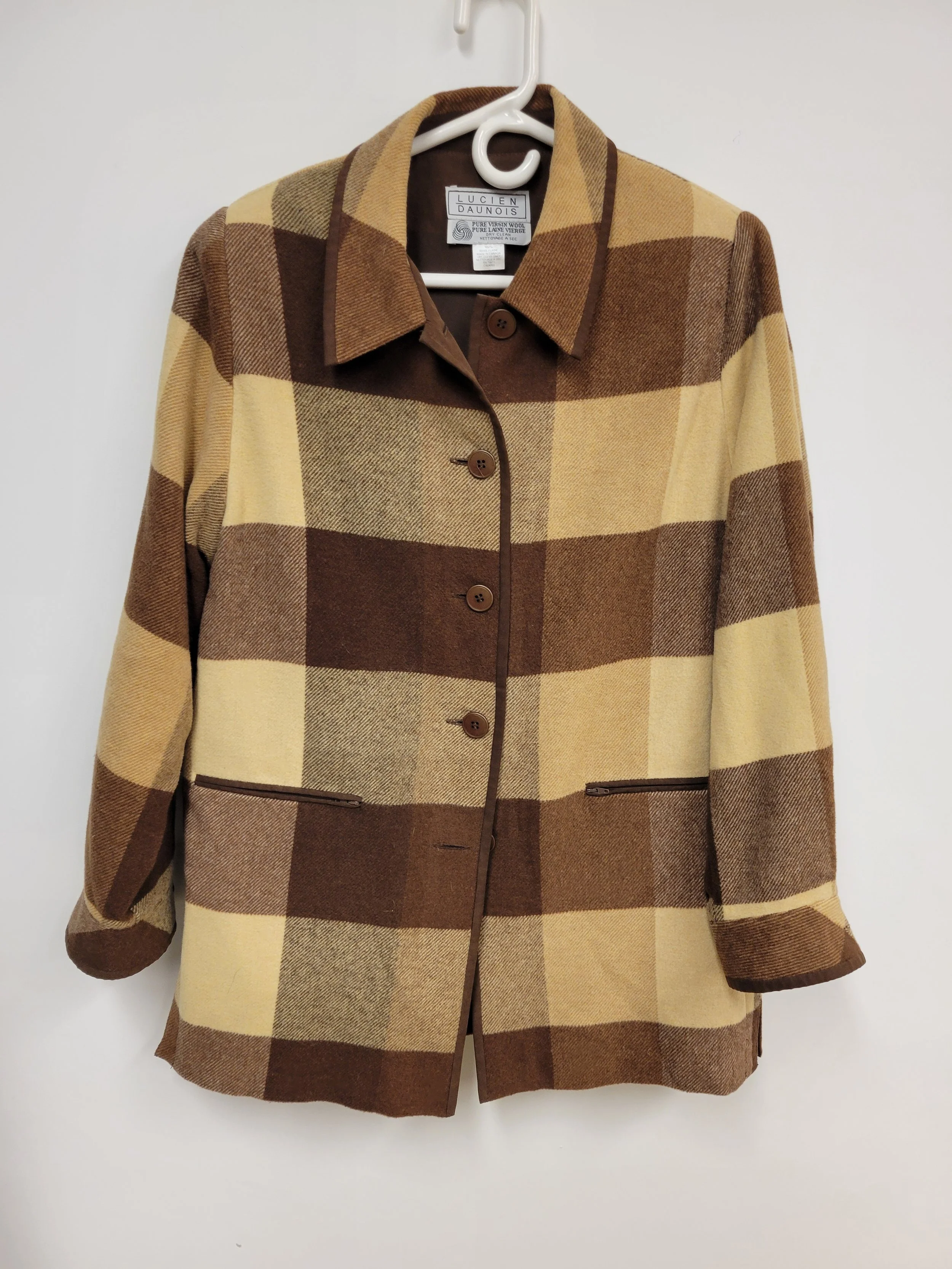 Surchemise en laine, doublée, carreaux beige et brun, Lucien Daunois, taille 46 (XL)