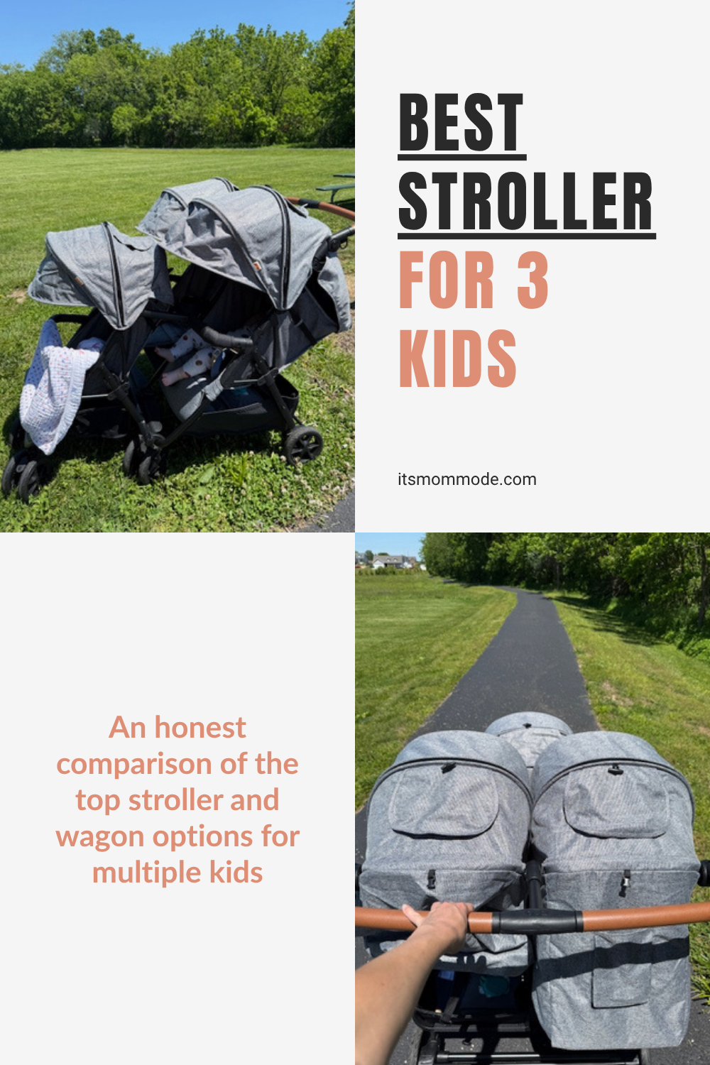 Zoe trio stroller with three seats parked outside. A lightweight triple stroller designed for families with three children, older kids, toddlers, and baby and toddler combination. Learn why the Zoe Trio is one of the best strollers for 3 kids.