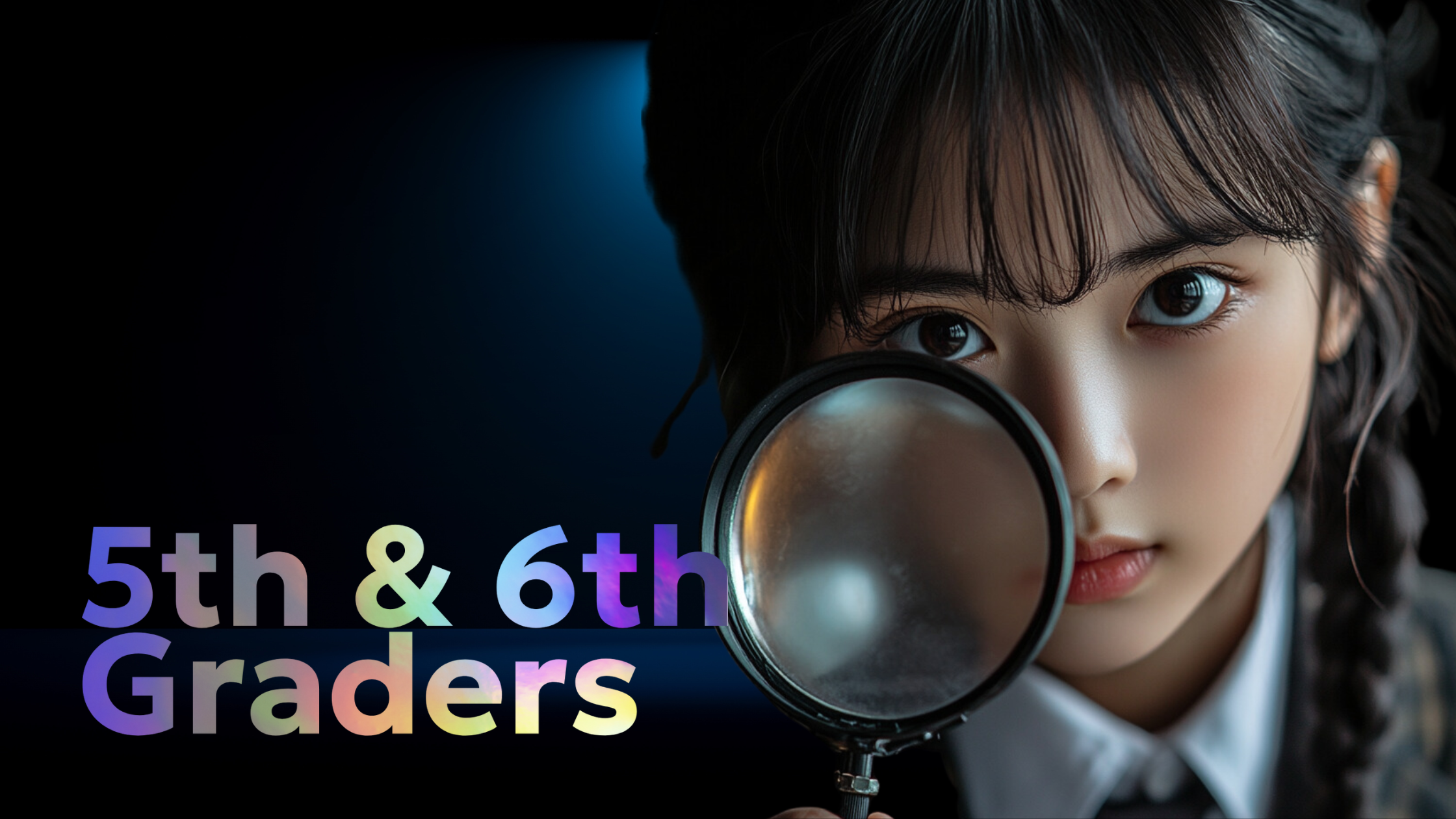 Girl holding magnifying glass with text "5th & 6th Graders."