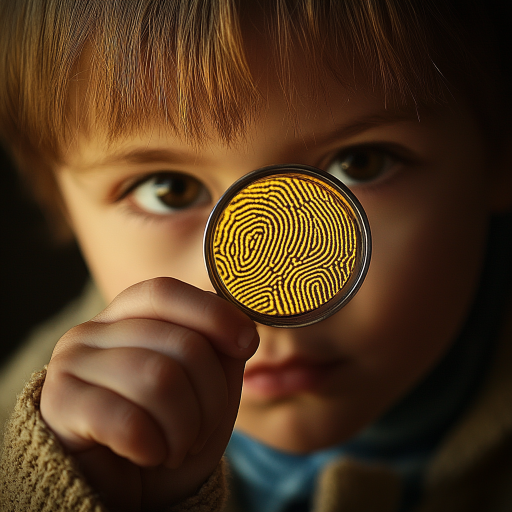 Child holding a magnifying glass with a visible fingerprint design.
