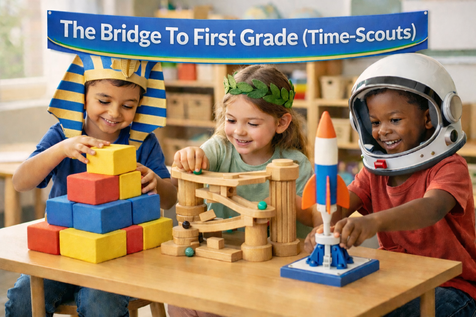 Children playing with educational toys at a table, with a blue banner above that reads 'The Bridge To First Grade (Time-Scouts)'. One child is stacking colorful foam blocks, another is maneuvering a wooden marble run, and a third is wearing an astronaut helmet and a toy rocket on a stand.