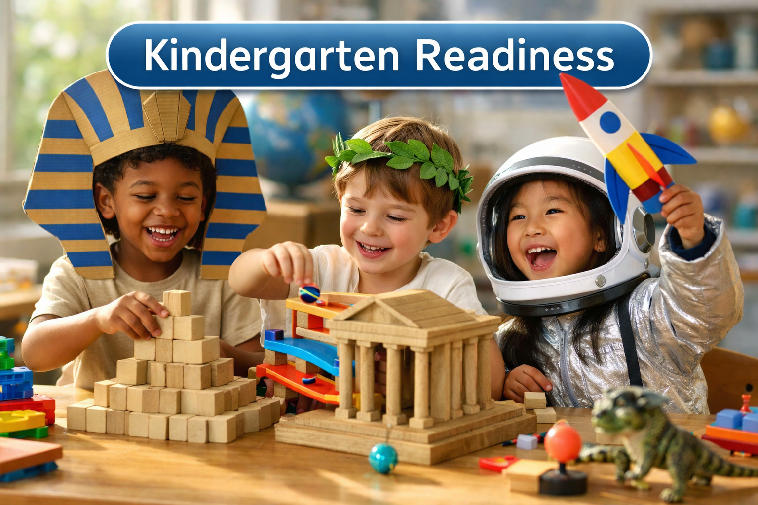 Three children playing with wooden building blocks, a toy rocket, and a dinosaur figurine in a classroom setting.