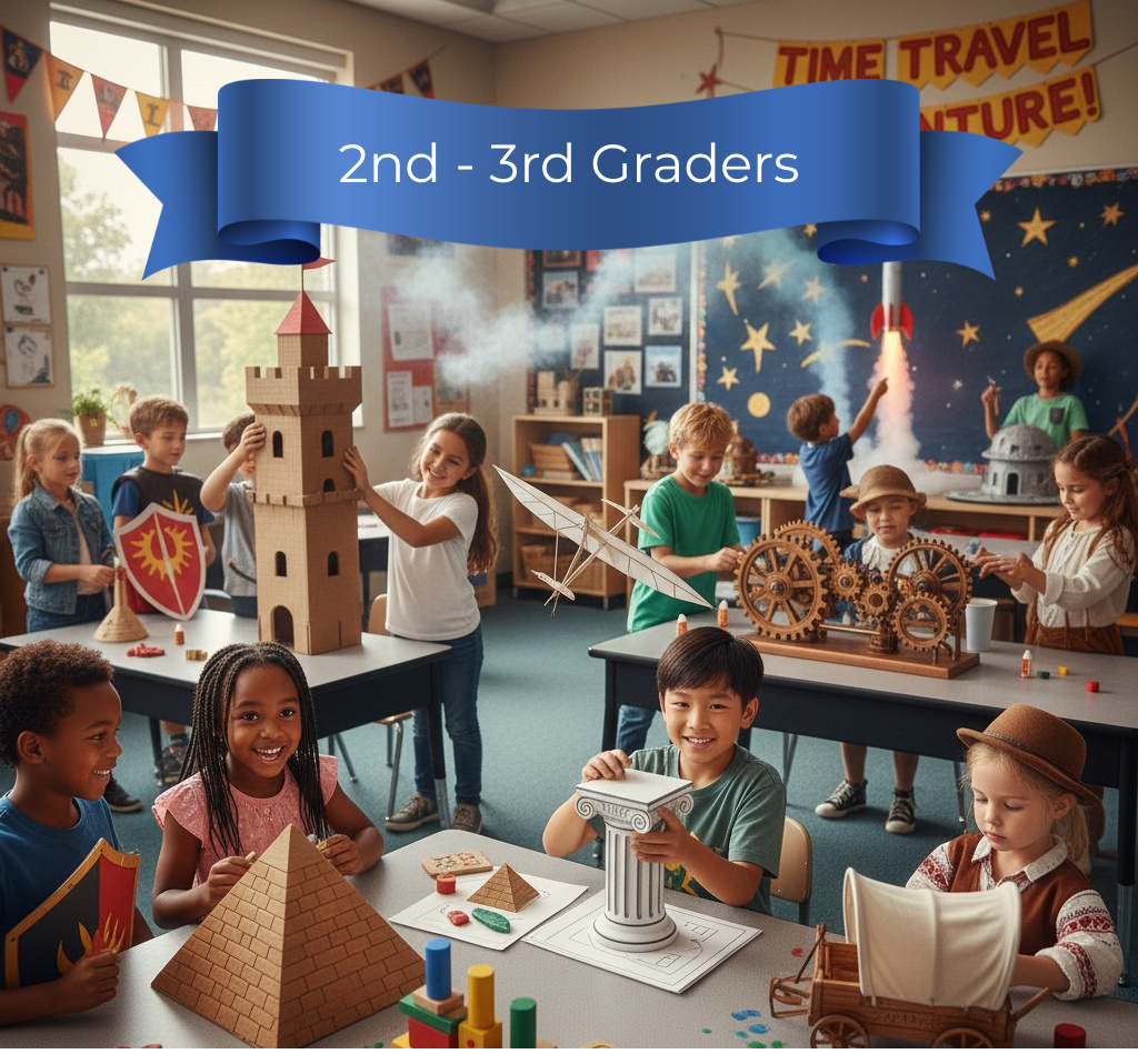 Children in a classroom activity about science and engineering, with models of gears, a pyramid, and a column on the table, and a large castle and gears display in the background, labeled for 2nd-3rd graders.