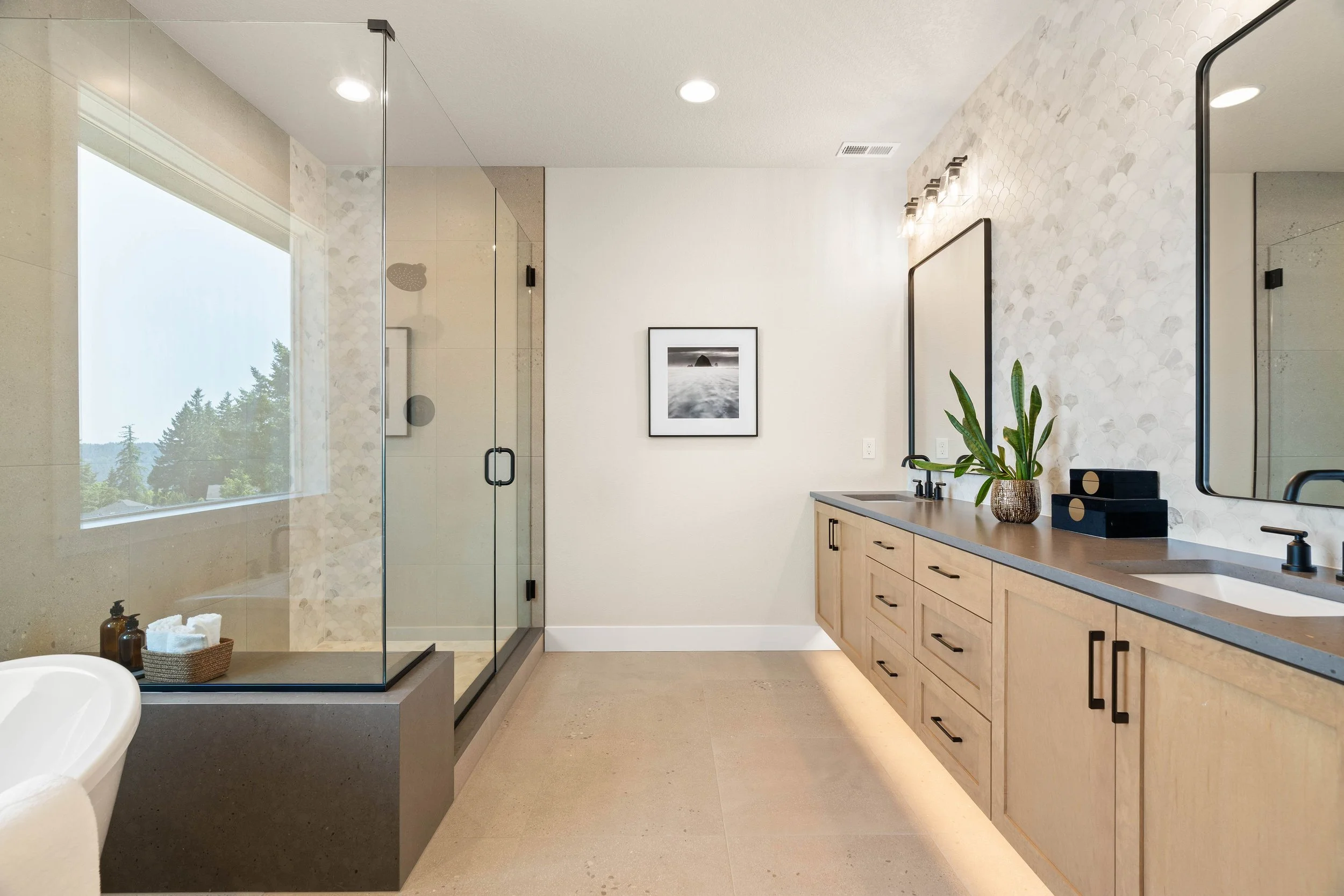 New construction luxury home primary ensuite bathroom in West Linn, Oregon by The Portlock Company