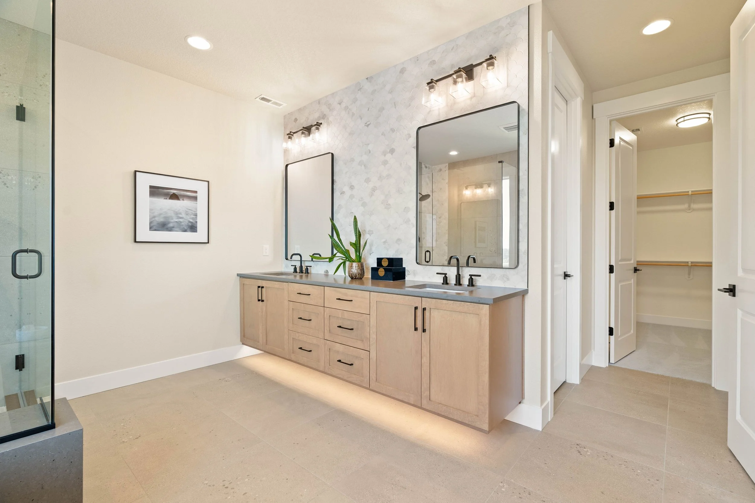 New construction luxury home primary ensuite bathroom in West Linn, Oregon by The Portlock Company