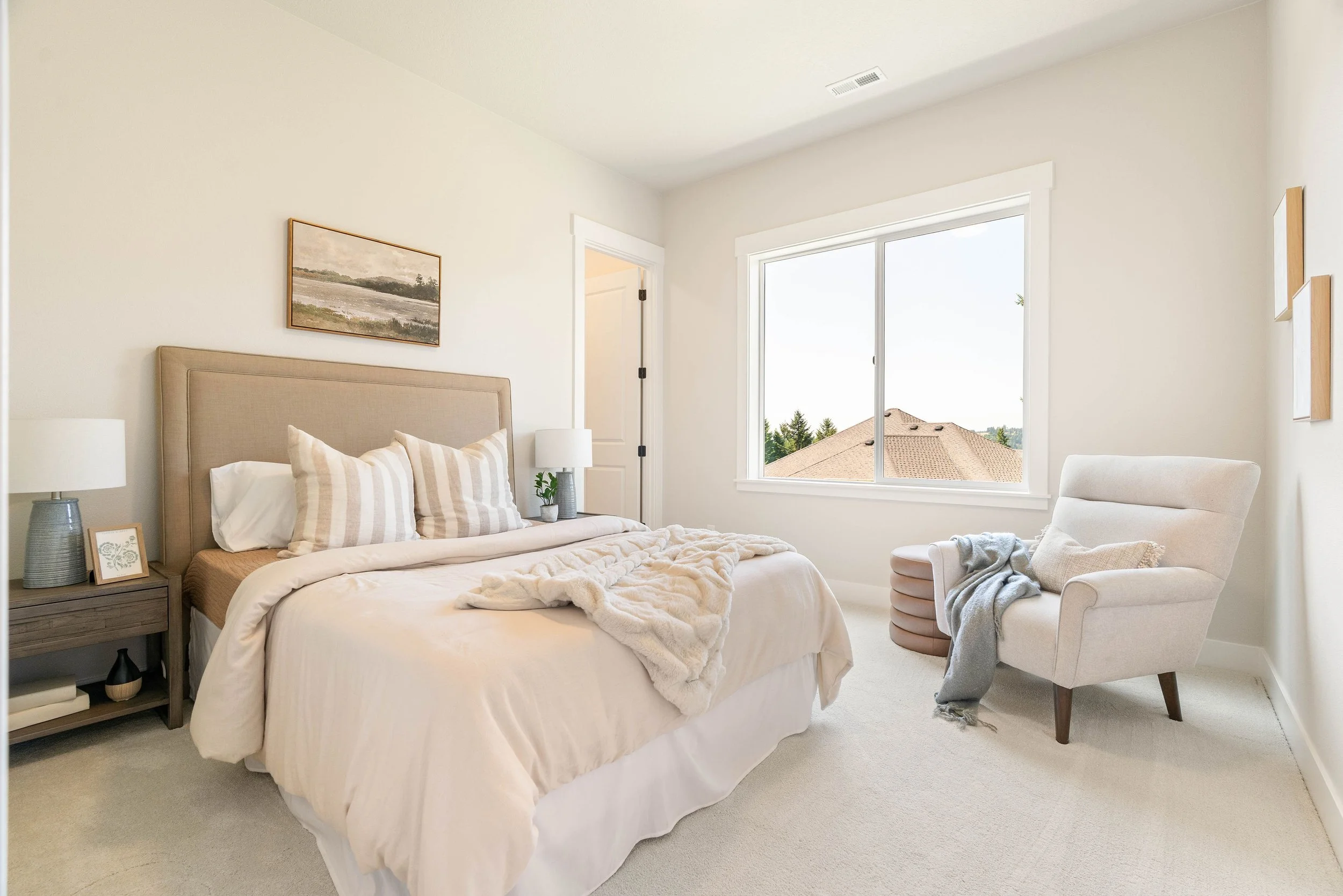 New construction luxury home bedroom in West Linn, Oregon by The Portlock Company