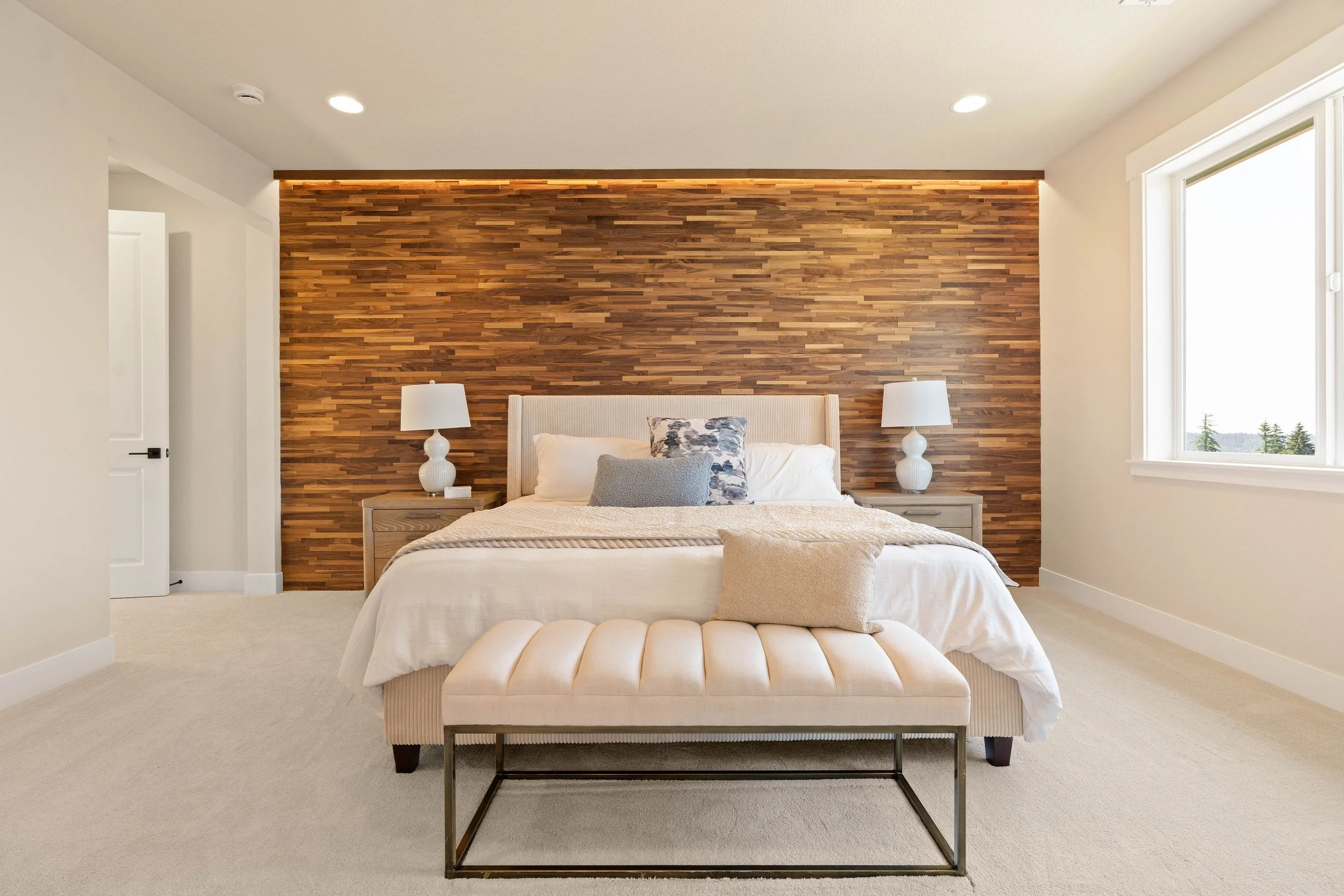New construction luxury home primary bedroom in West Linn, Oregon by The Portlock Company
