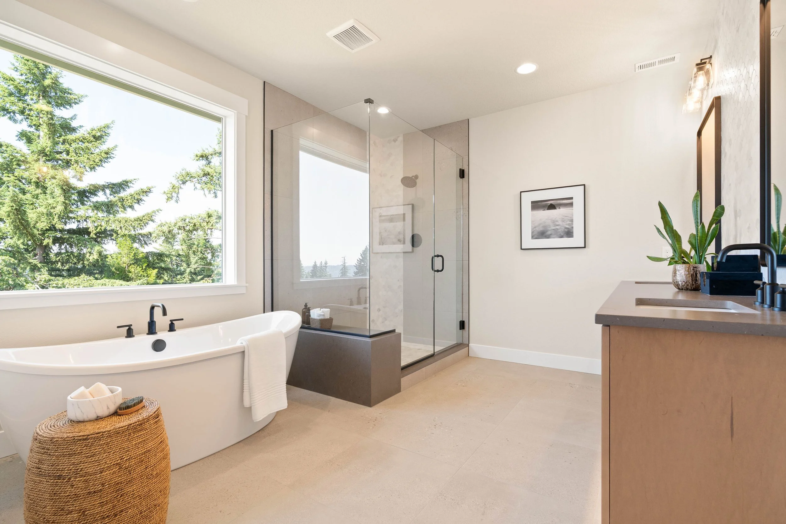 New construction luxury home primary ensuite bathroom in West Linn, Oregon by The Portlock Company