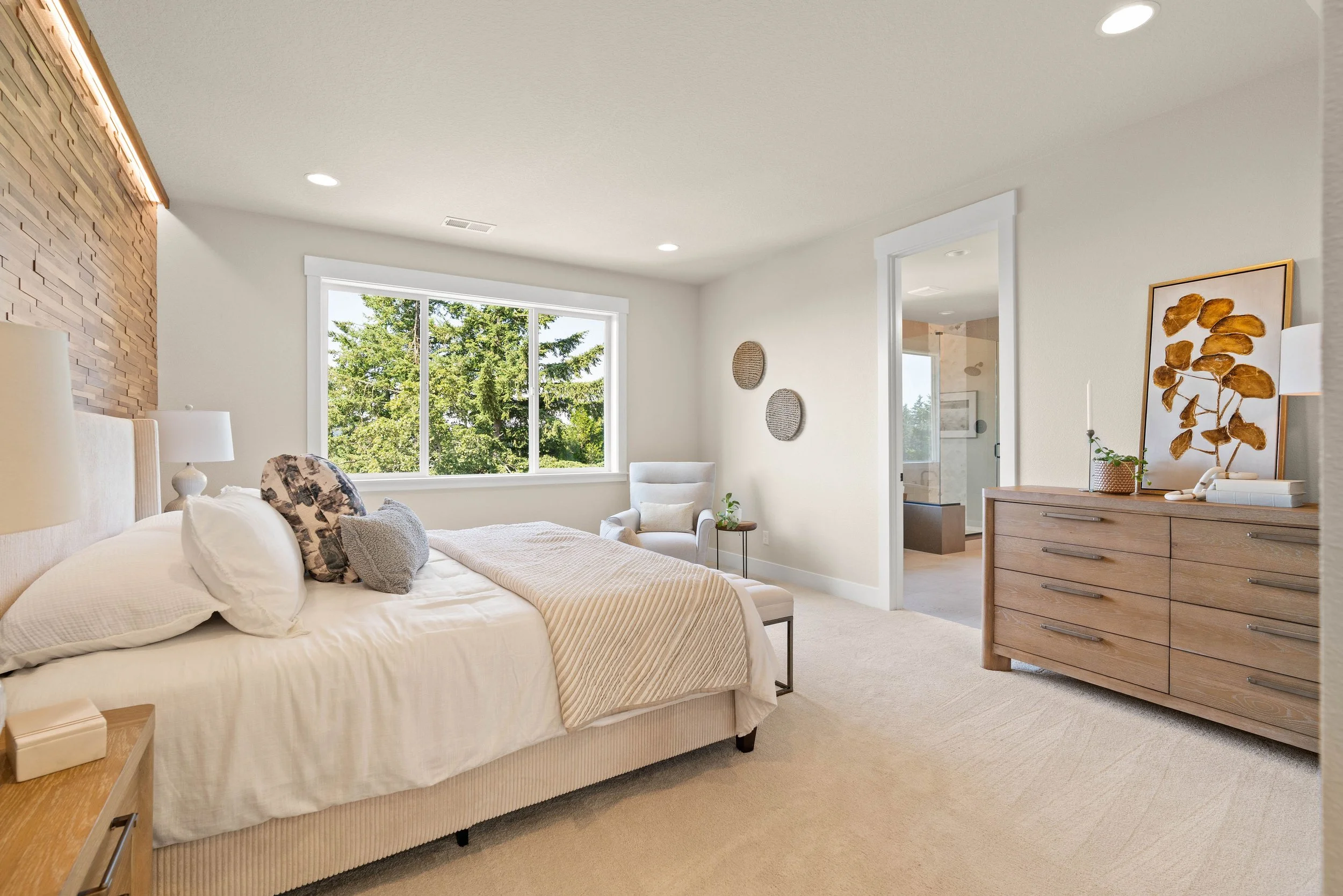 New construction luxury home primary bedroom in West Linn, Oregon by The Portlock Company