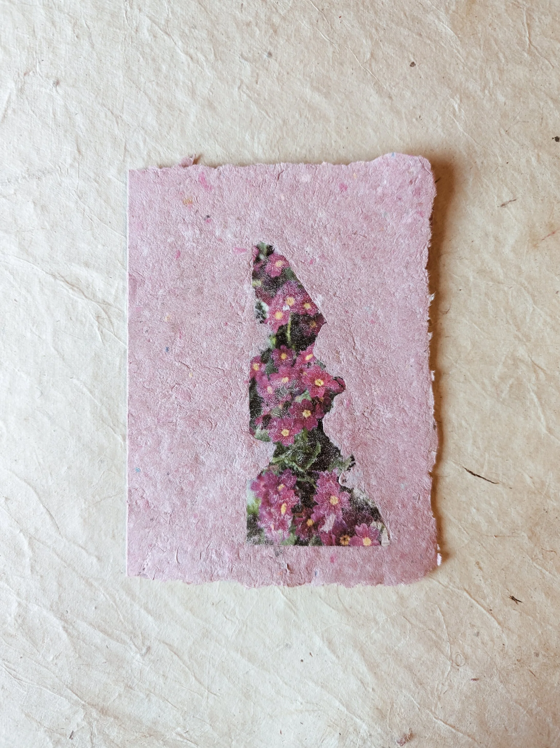 Kleines Stück rosa Papier mit ausgeschnittenem Portrait eines Profils, das mit bunten Busch- und Gartengräsern gestaltet ist.