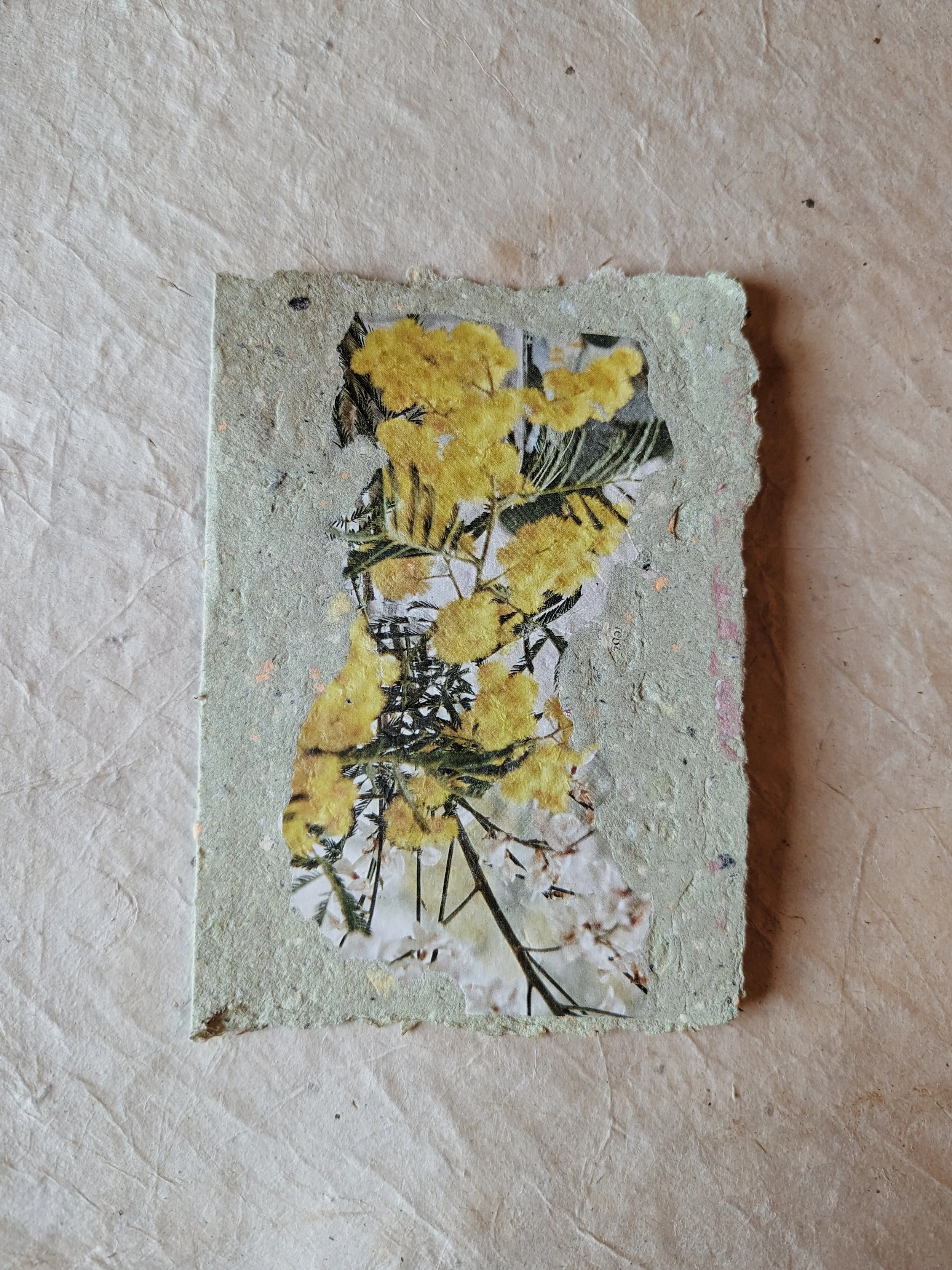 Eine Collage auf Papier mit gelben Blumen und grünen Blättern, umrahmt mit einer unregelmäßigen, groben Rand, auf eine beige, strukturierte Oberfläche gelegt.