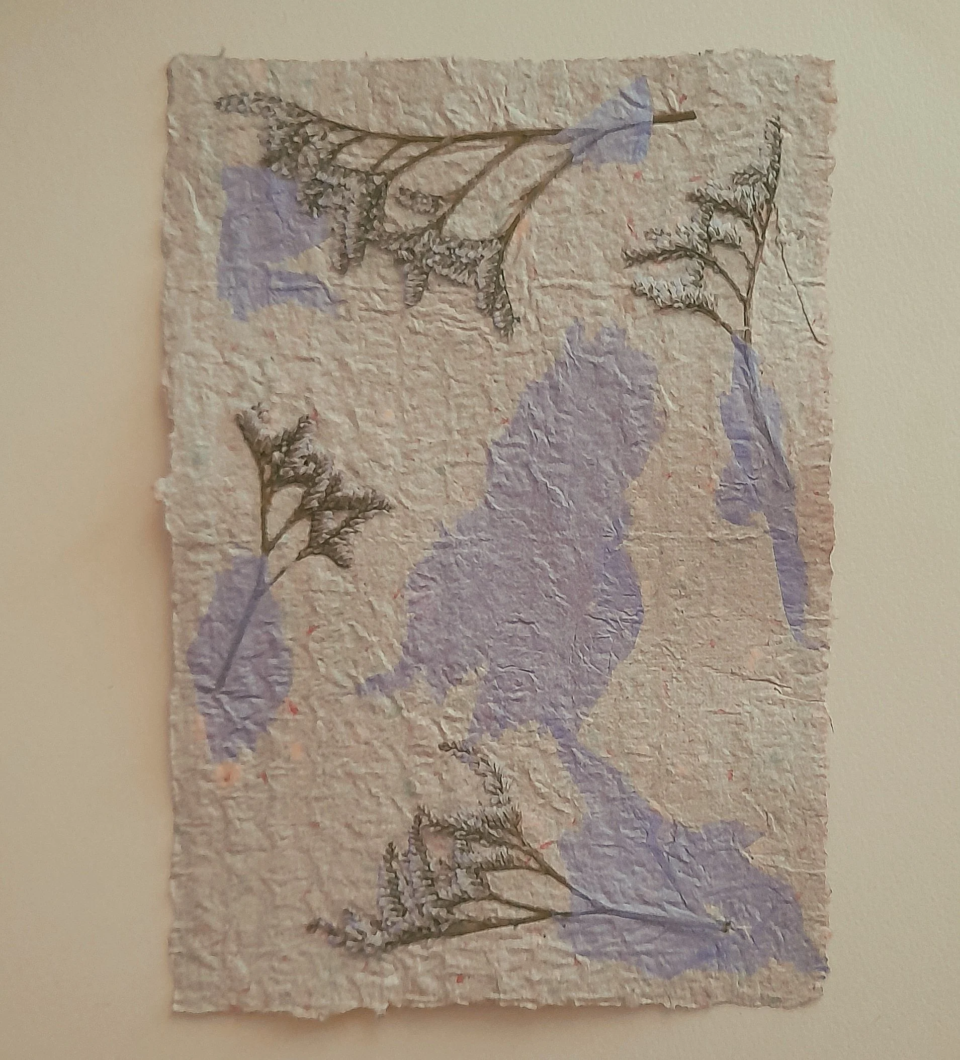 Gedrucktes Papier mit getrockneten Pflanzen und lila Farbklecksen.