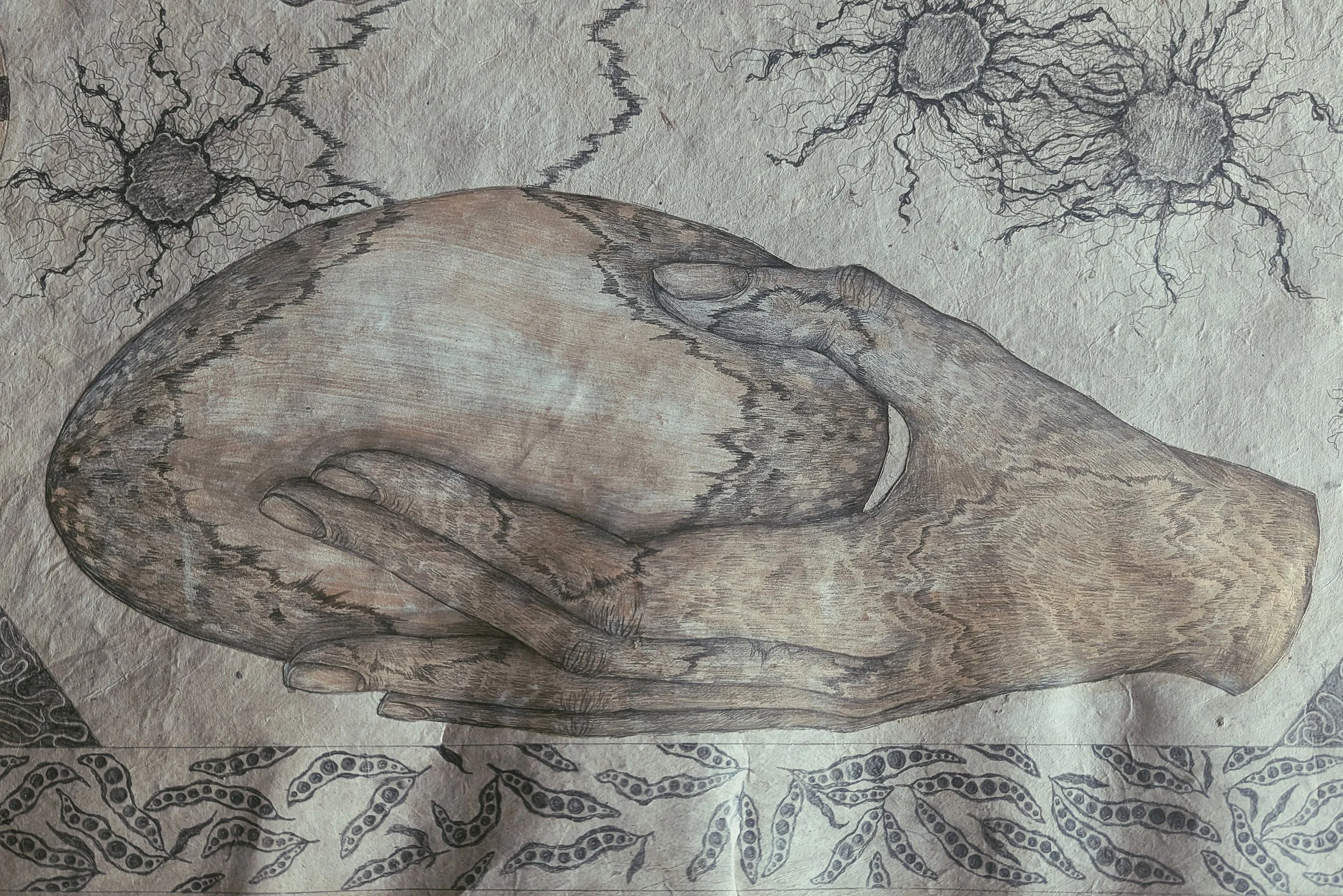 Zeichnung einer Hand, die einen menschlichen Kopf hält, im Hintergrund neuronale Netze und umrandete Blätter
