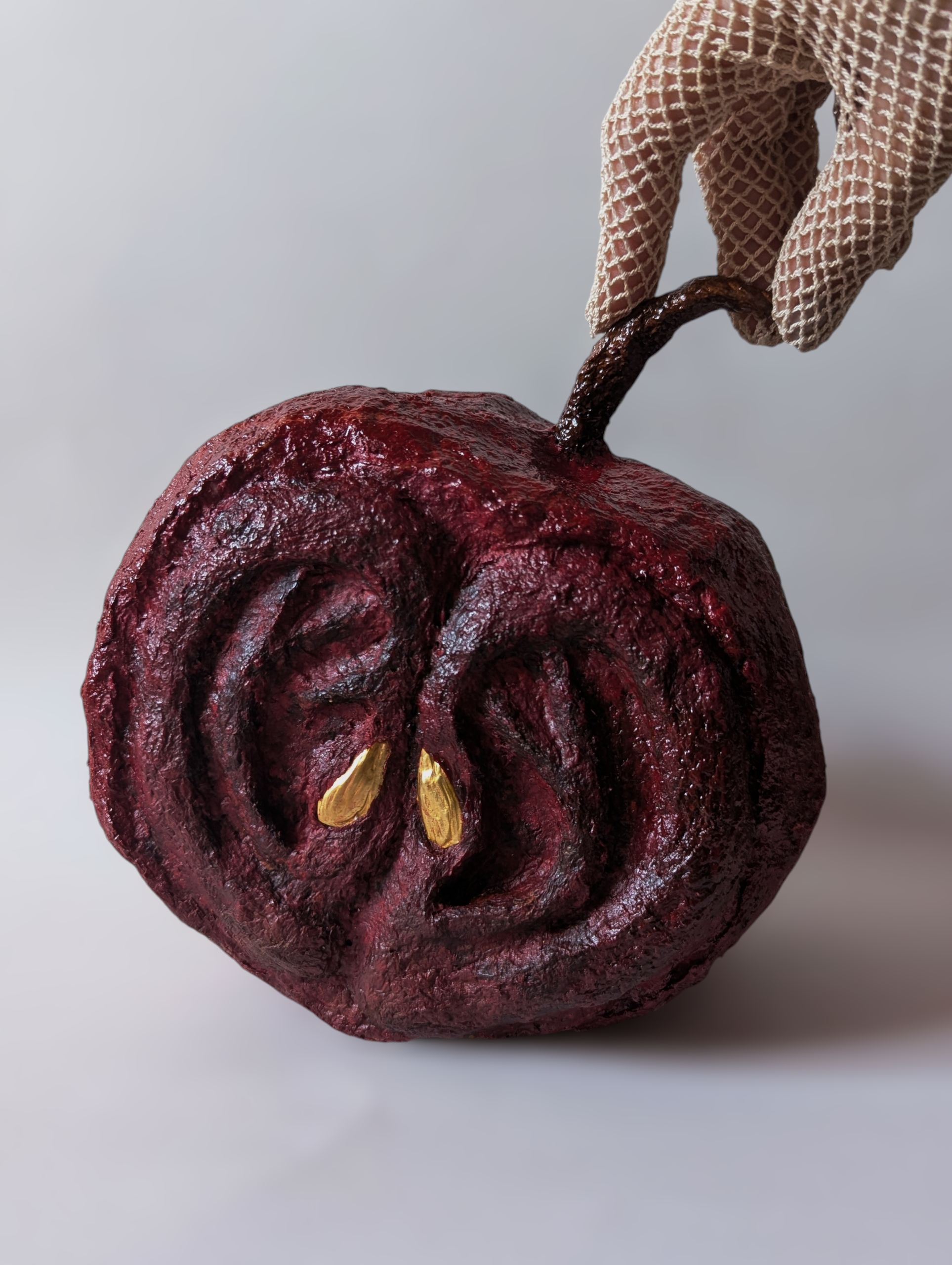 Ein detailreiches, kreatives Kunstwerk, das eine in der Mitte geöffnete, dunkelrote Frucht mit goldenen Samen zeigt, in einer Hand mit einem netzartigen Handschuh gehalten.
