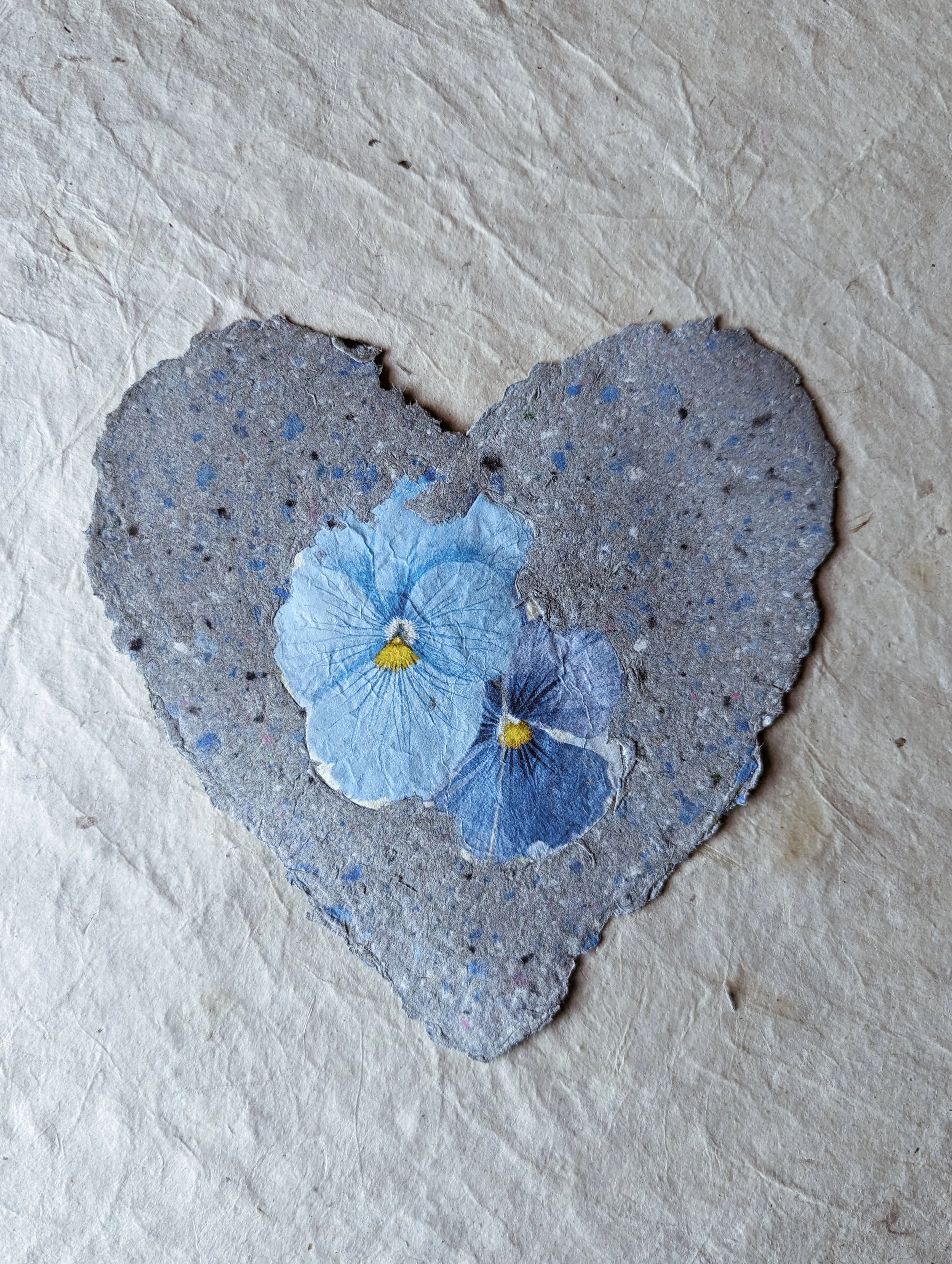Ein Herz aus blauem handgeschöpften Papier  mit blauer und violetter getrockneter Blume in der Mitte, auf beigem Hintergrund.