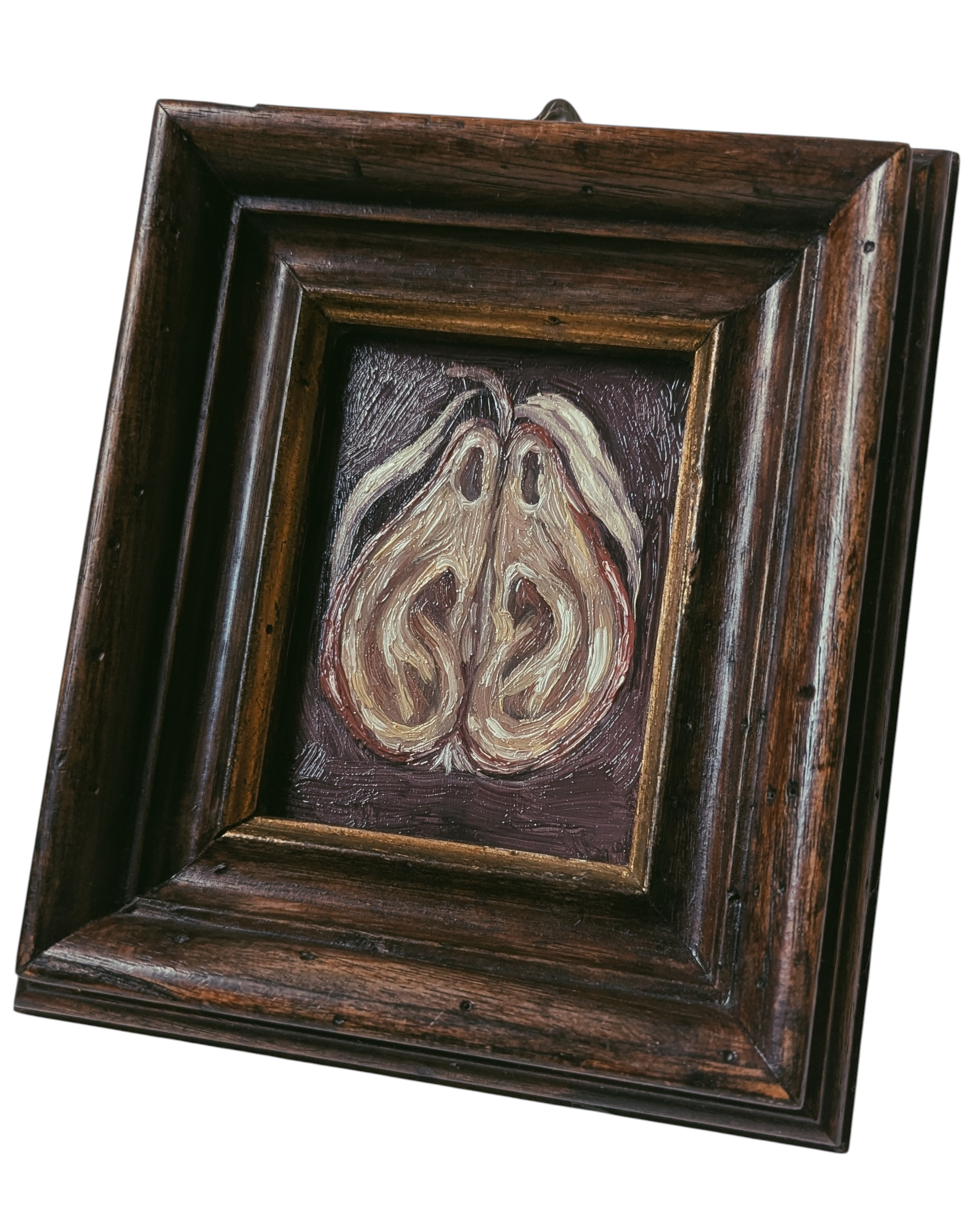 Ein dunkler, profilierten Bilderrahmen aus Holz mit einem Gemälde oder einer Zeichnung eines Schweins, das in einer künstlerischen, pastosen Maltechnik gemalt wurde.