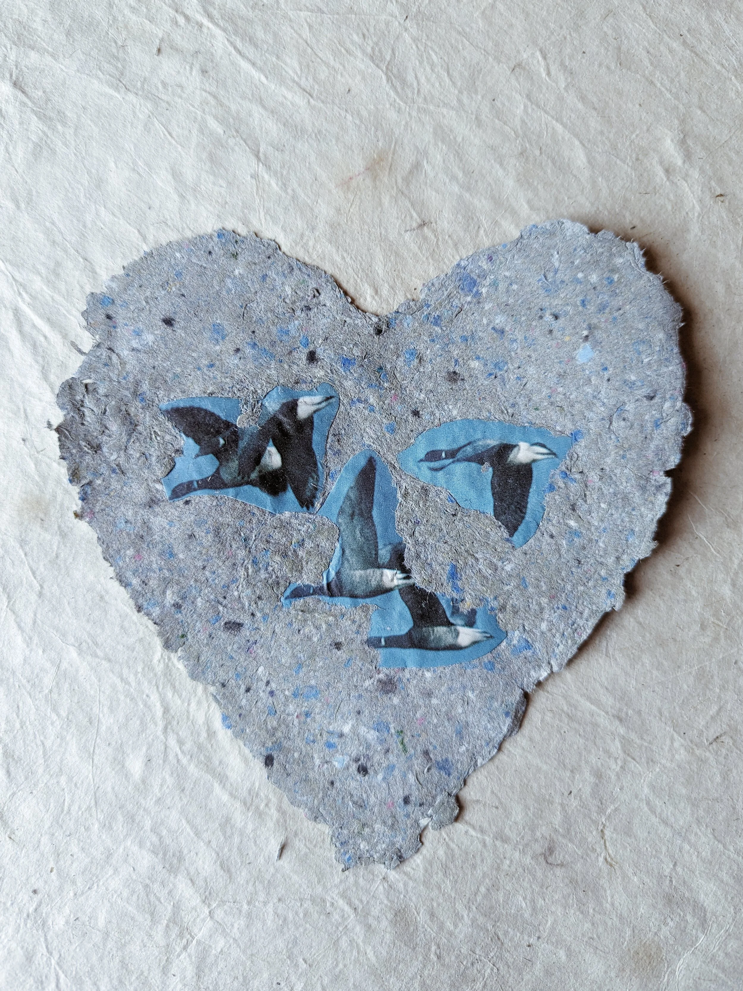 Herzförmiger Collage aus gerissenem Papier mit Bildern von Pinguinen.