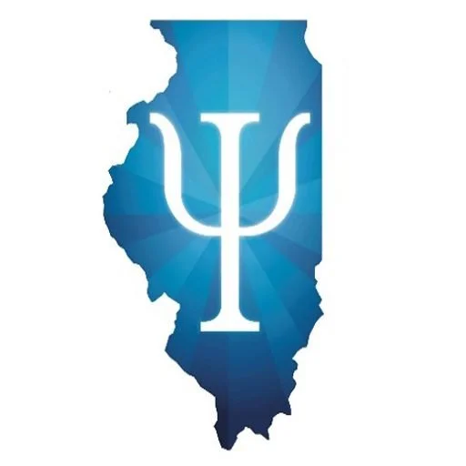 Outline of the state of Indiana with a blue background and a large white Greek letter Psi in the center.