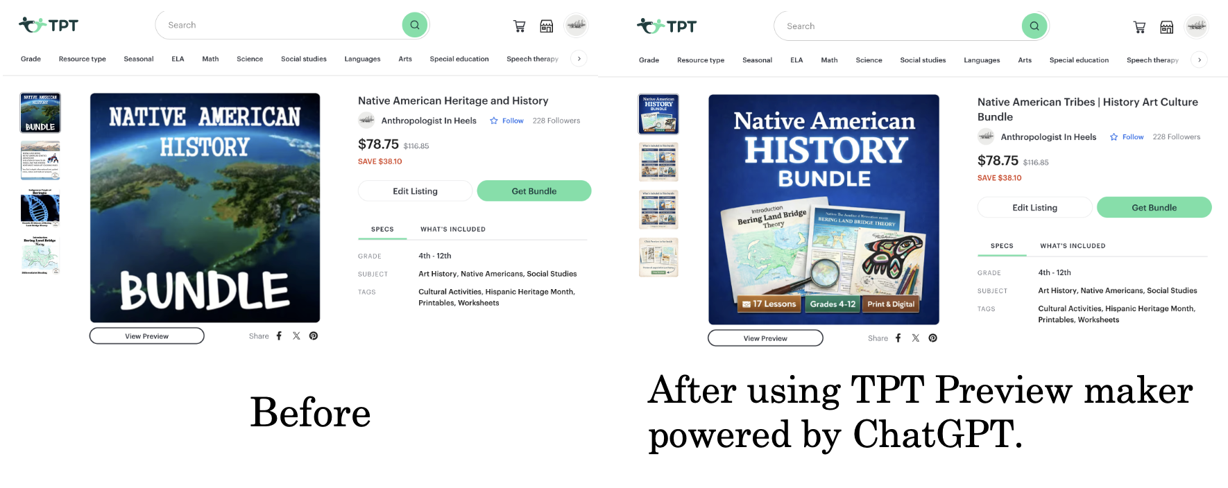 Before and after TPT preview image redesign using ChatGPT to enhance product visibility and conversions.