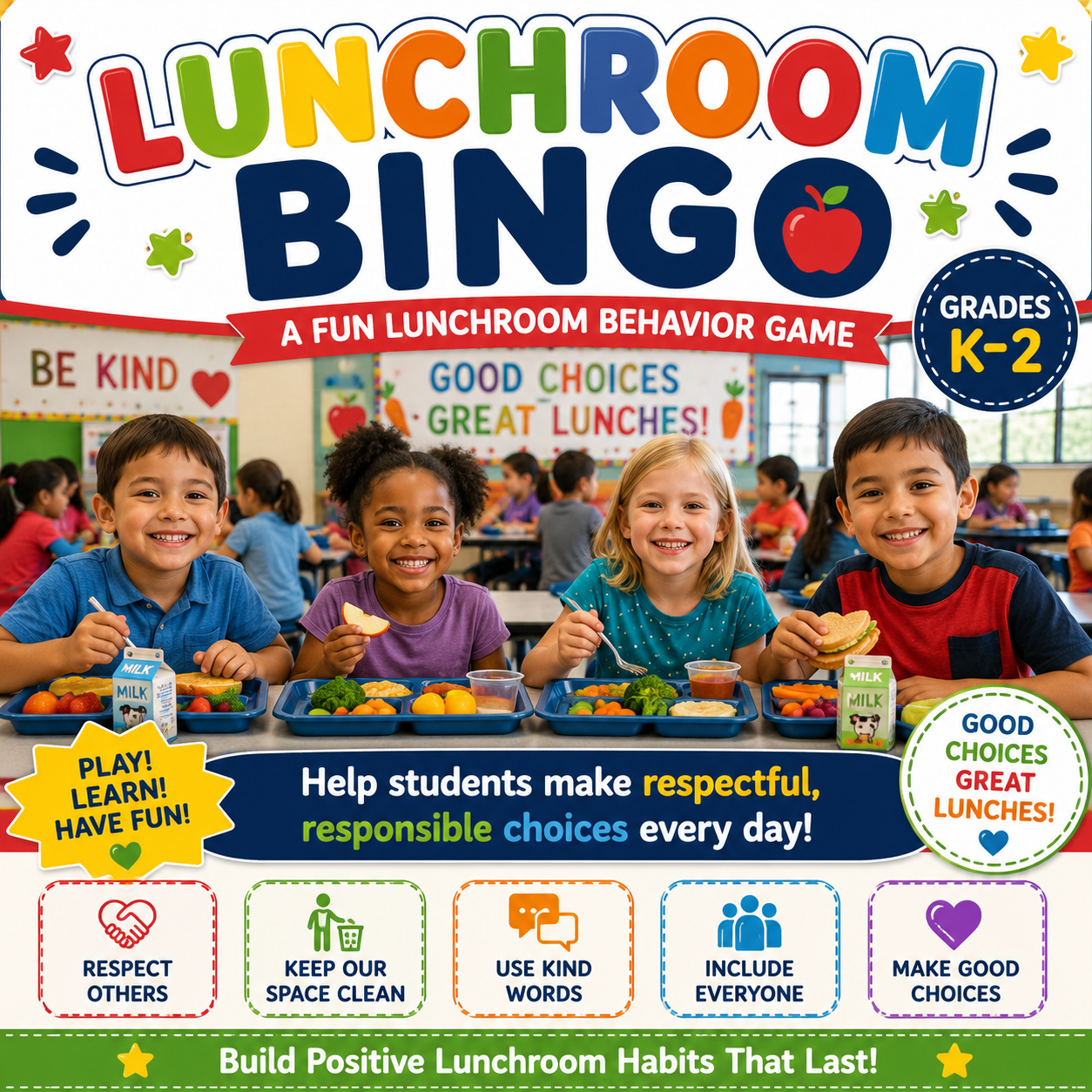 Cafeteria & Lunchroom PBIS Bingo | Behavior & Expectations Game for Grades K–2