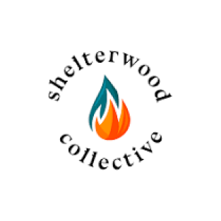 Shelterwood Collective logo with a flame inside a blue and teal droplet, surrounded by the organization's name in a circular arrangement.