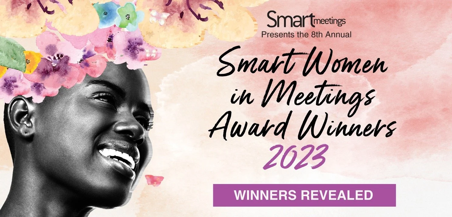 Splash advertisement for the Smart Women in Meetings Award Winners 2023 is shown. The background is a pale pink watercolor treatment. On the lefthand side is a black and white photo of a woman's face with her head covered in watercolor flowers.