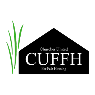 Logo with green grass graphic and text reading 'Churches United CUFH For Fair Housing' on a black background.