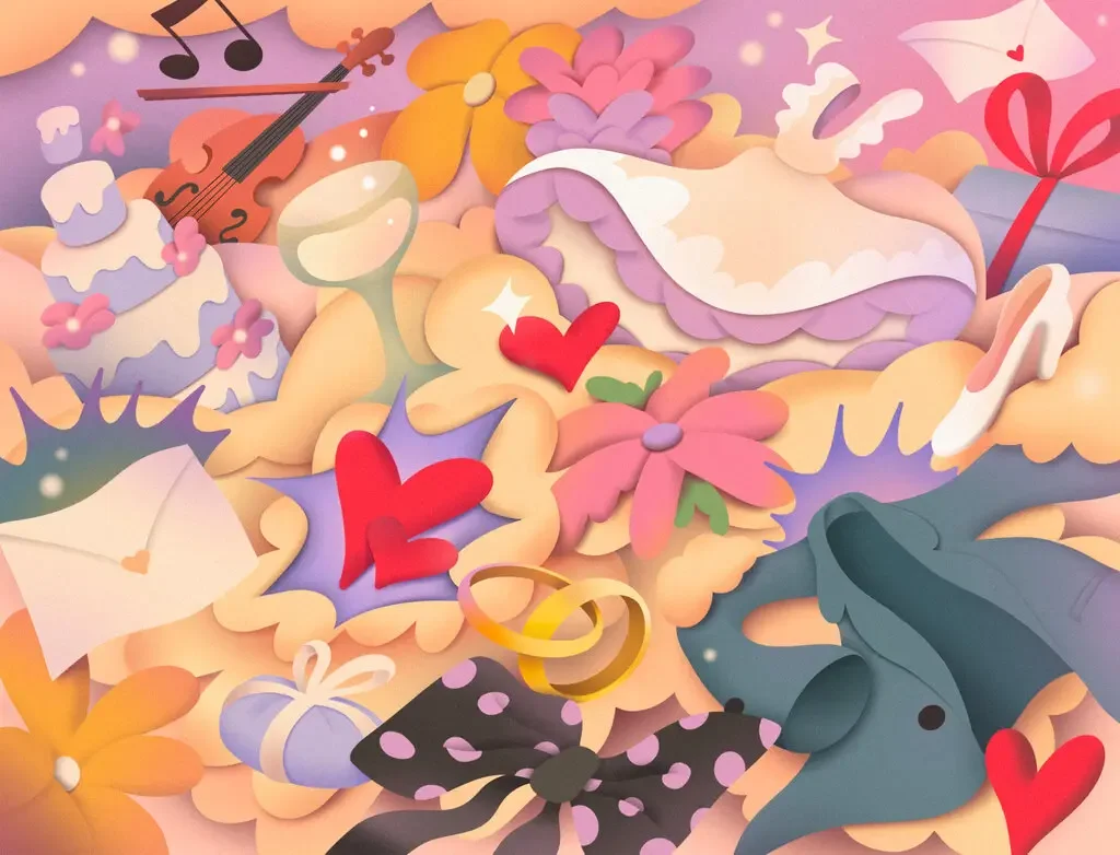 Graphic illustration is shown with colorful images of music notes, hearts, rings, love notes, and doves.