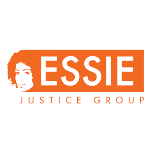 Logo of the ESSIE Justice Group with a stylized woman's face in black and white on the left and the words 'ESSIE JUSTICE GROUP' in white on an orange background.