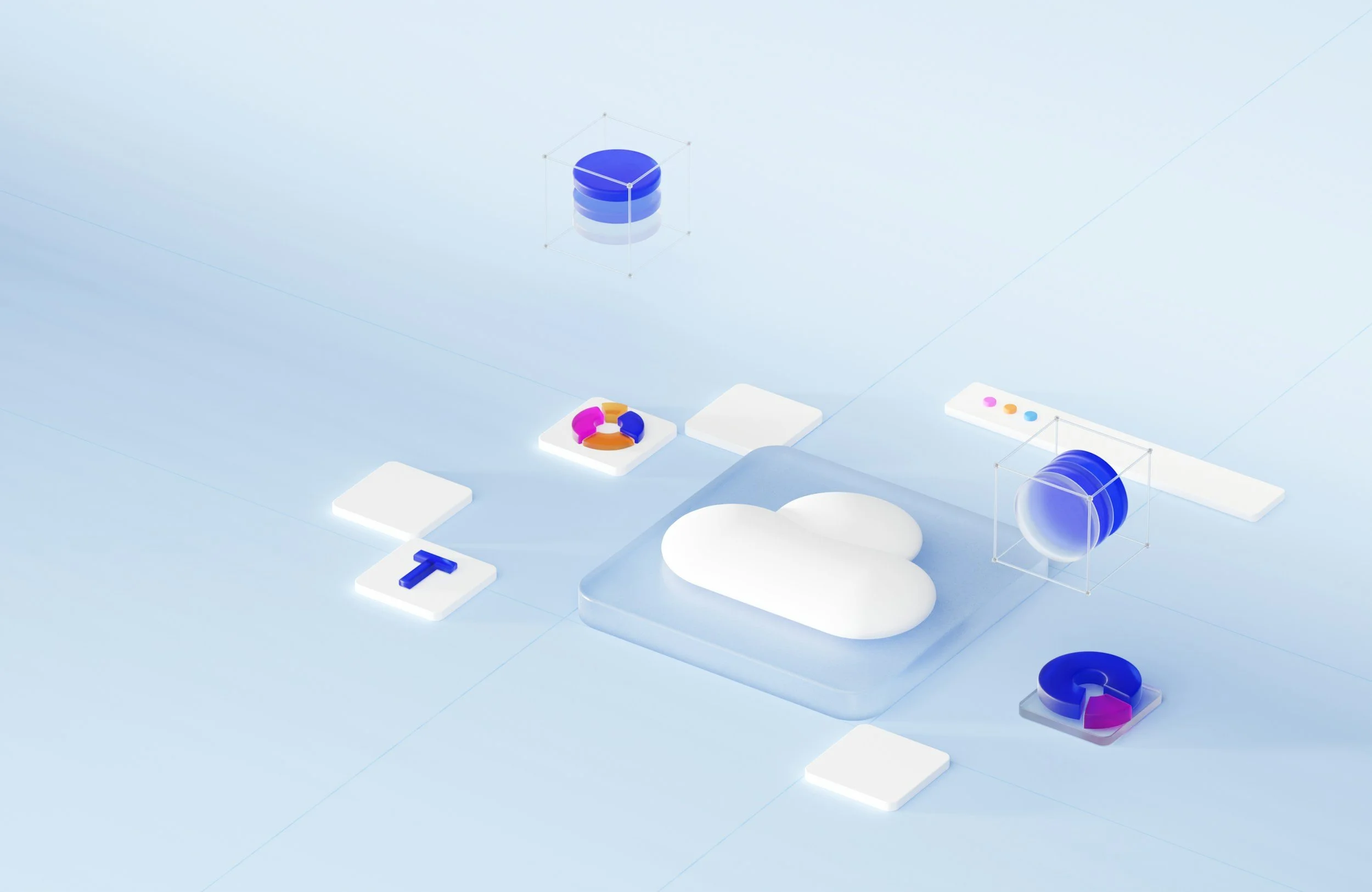 Minimalist digital art scene featuring a blue stack of disks, colorful abstract shapes, clouds, and geometric structures on a light blue background.