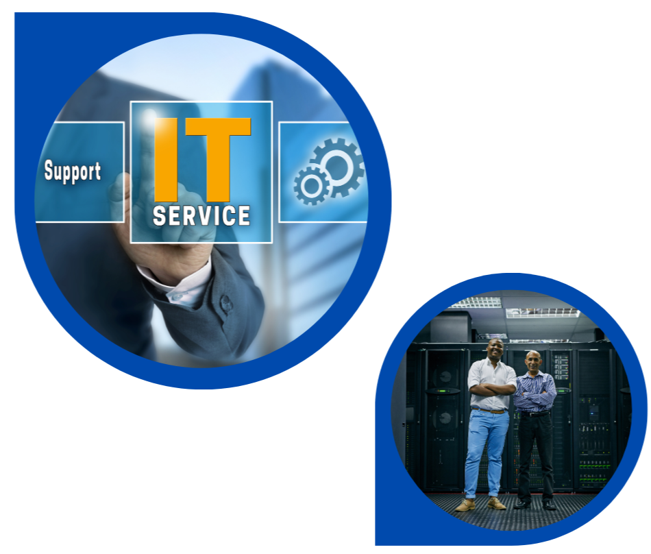 A digital illustration featuring the words "IT Service" with support and gear icons, and a photograph of two men standing in a server room with racks of servers.