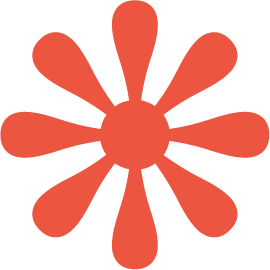A stylized red flower with a circular center and eight elongated petal-like shapes radiating outward.