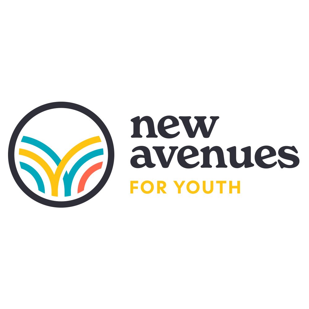 Logo for 'New Avenues for Youth' featuring a circular emblem with colorful curved lines and the organization's name.