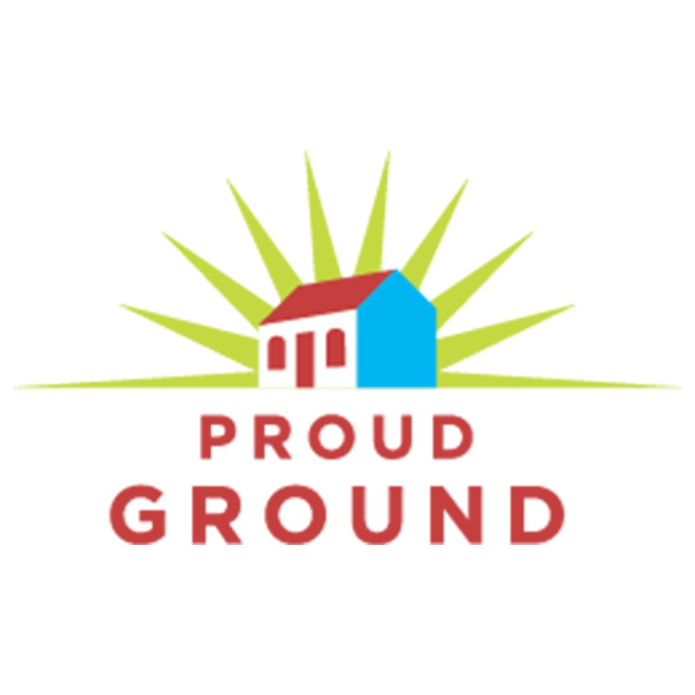 Logo featuring a small house with a red roof, white walls, and blue side wall, surrounded by yellow sun rays, with the words "PROUD GROUND" in red capital letters below the house.