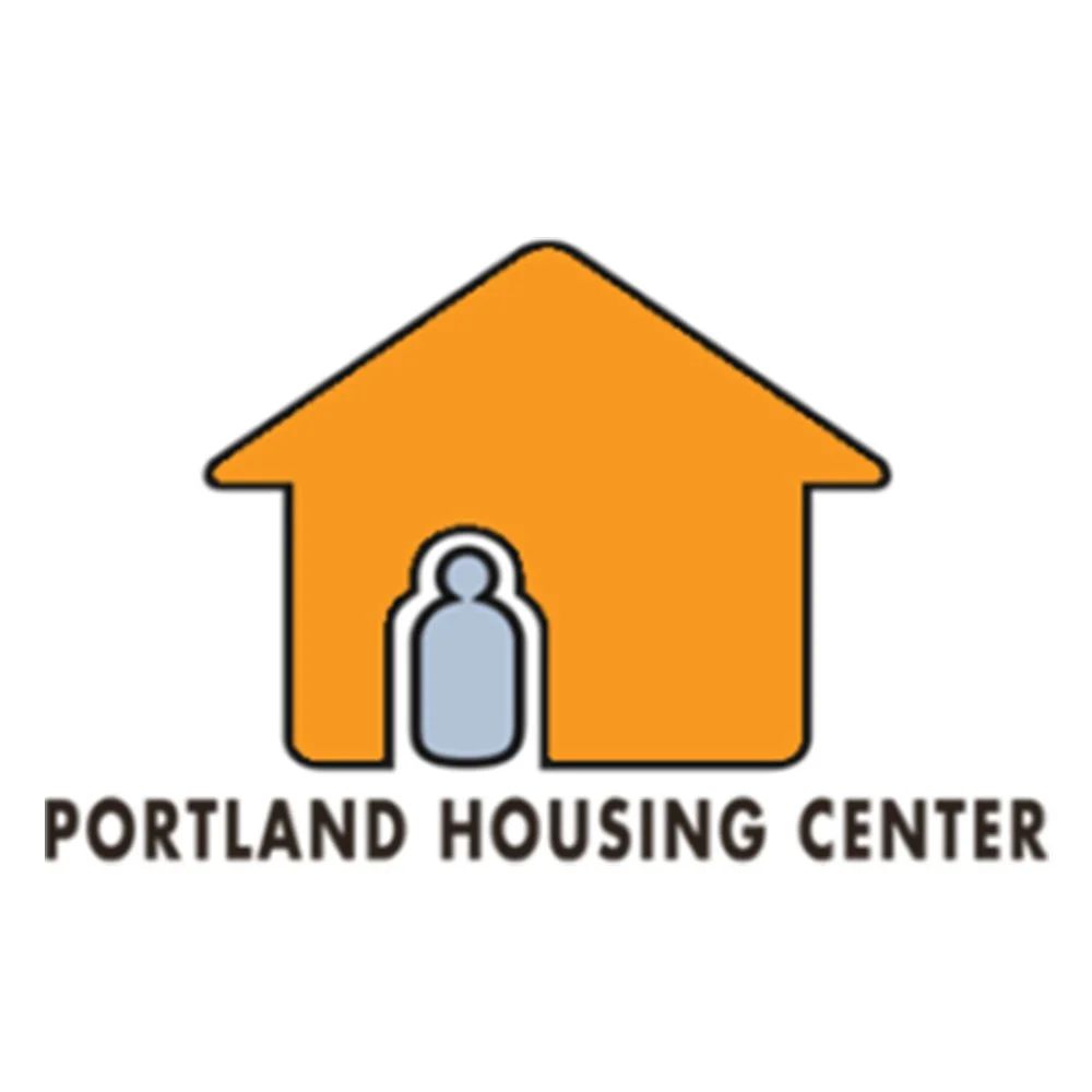 Logo for Portland Housing Center with a stylized orange house and a small human figure inside.