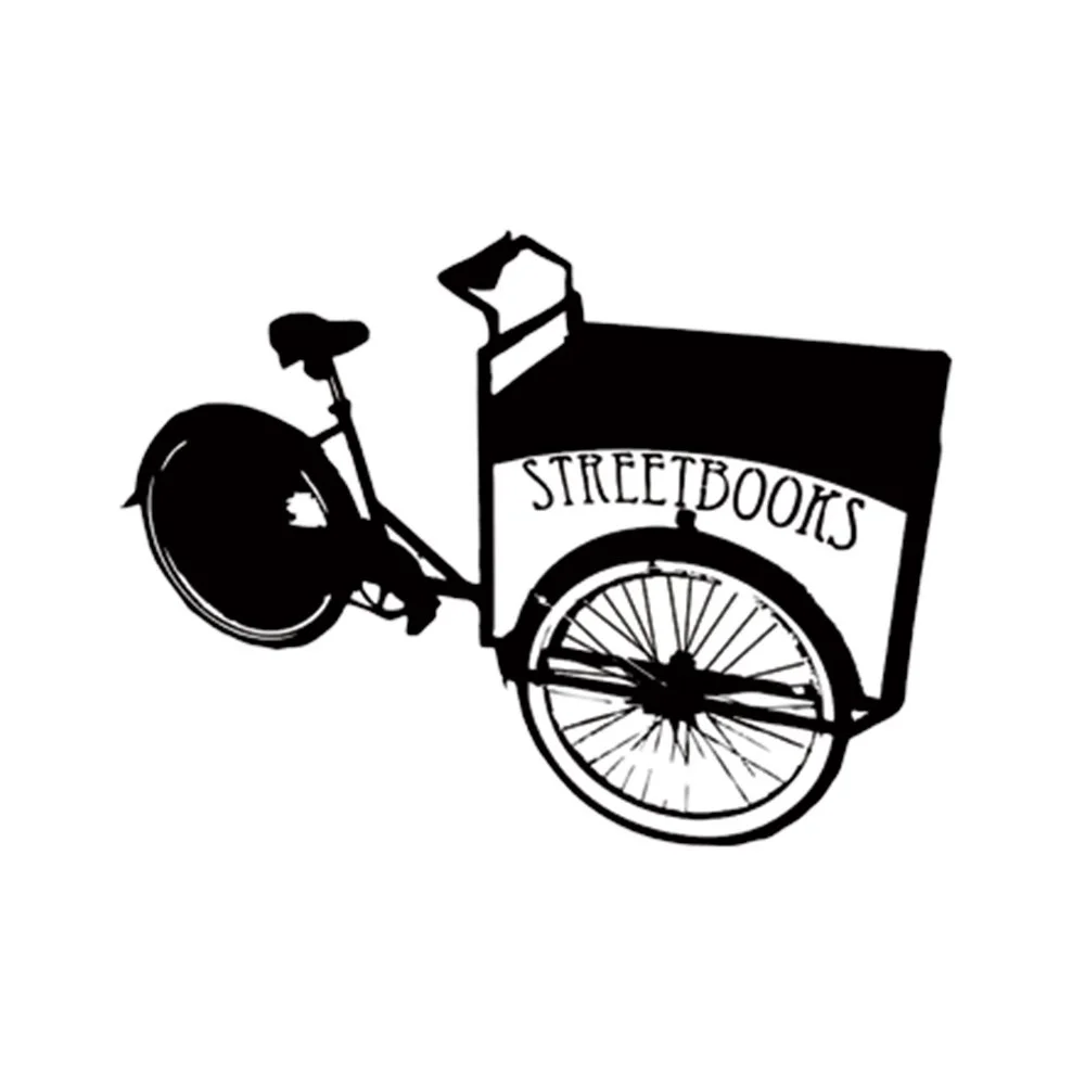 Silhouette of a bicycle with a cargo cart labeled 'Streetbooks'.