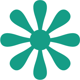 A teal-colored abstract shape resembling a flower with multiple petal-like extensions.
