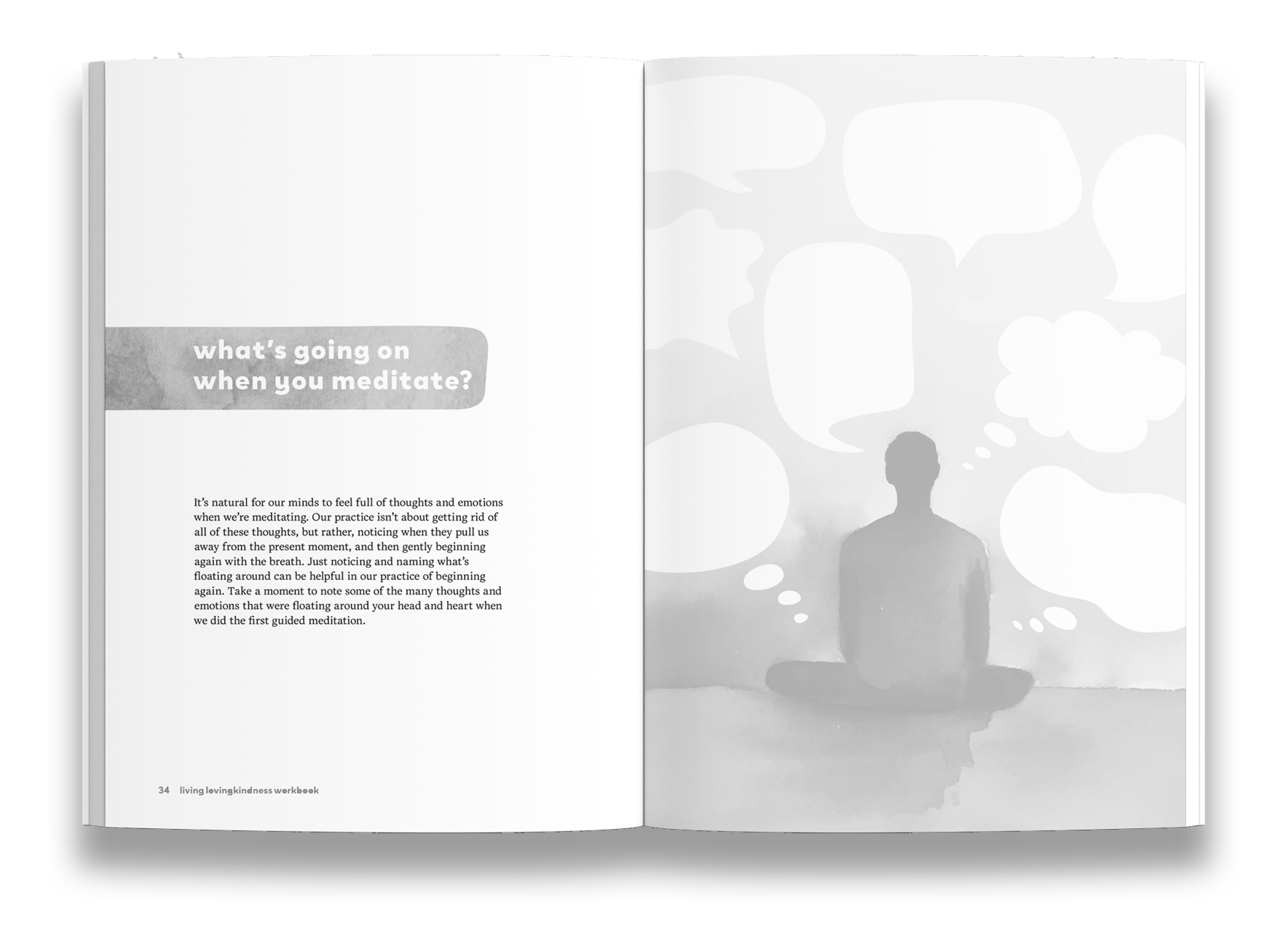 Open book with the chapter titled "what's going on when you mediate?" on the left page and a grayscale illustration of a silhouette of a person meditating with speech bubbles above their head on the right page.