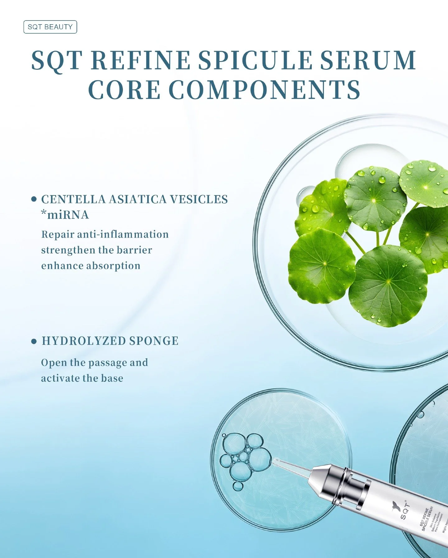 Knowing your ingredients helps you educate your clients with confidence.

The SQT Refine Spicule Serum is built around two key components: Centella Asiatica Vesicles with miRNA, which repair inflammation, strengthen the skin barrier, and enhance abso