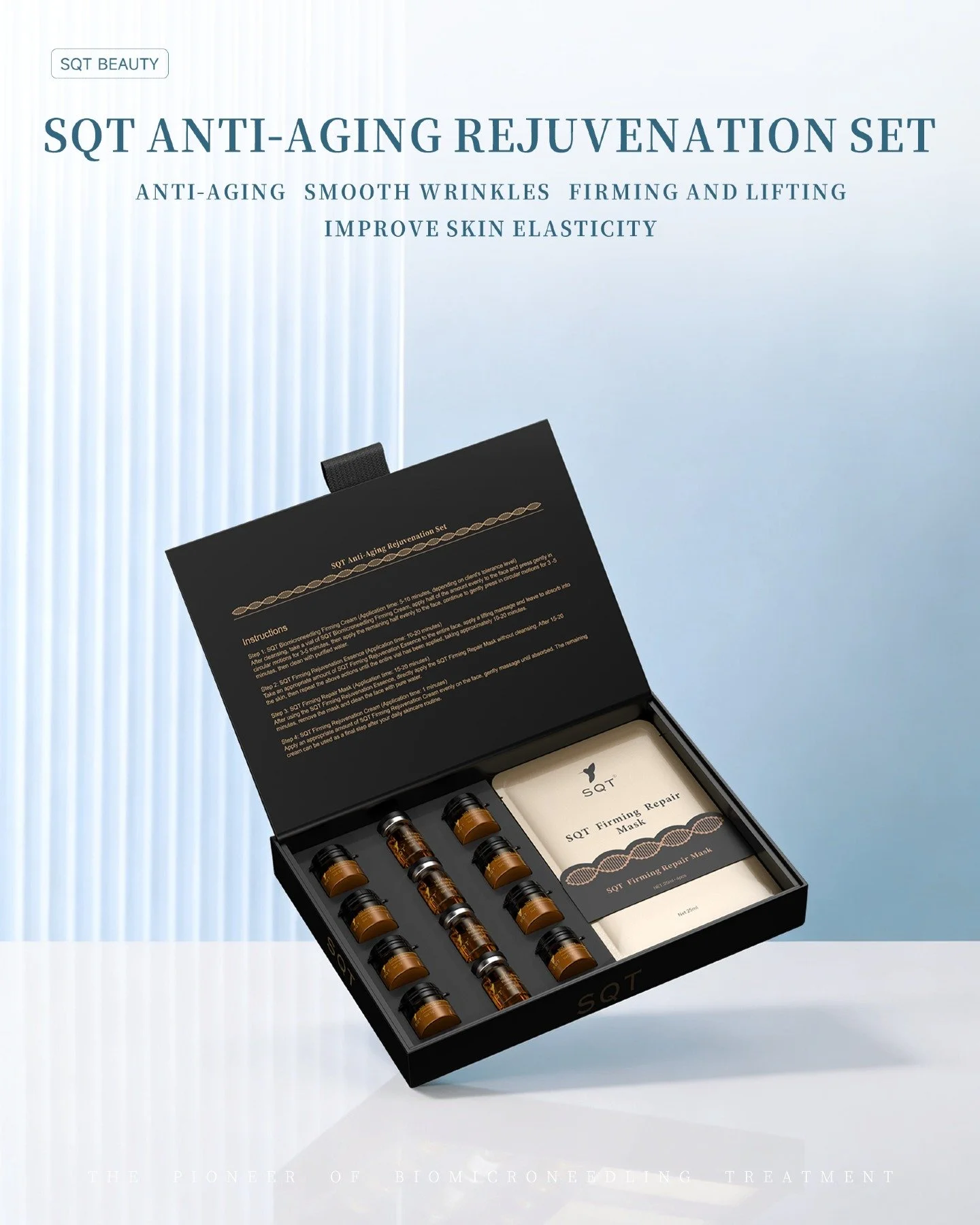 The SQT Anti-Aging Rejuvenation Set is a complete in-clinic protocol designed to smooth wrinkles, firm and lift, and improve skin elasticity.

The set includes a step-by-step treatment system, from the Bio-microneedling Firming Cream through to the F
