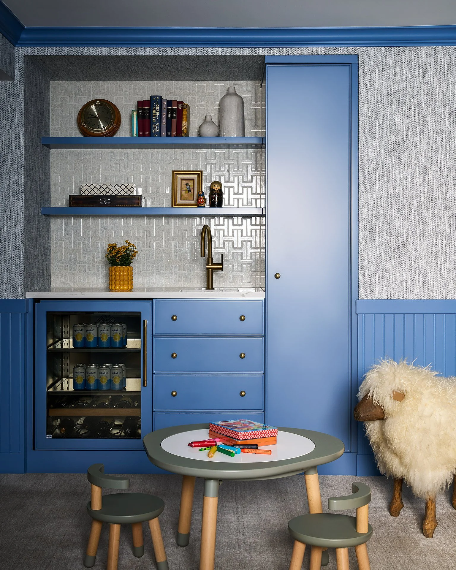 A colorful bar with storage solutions