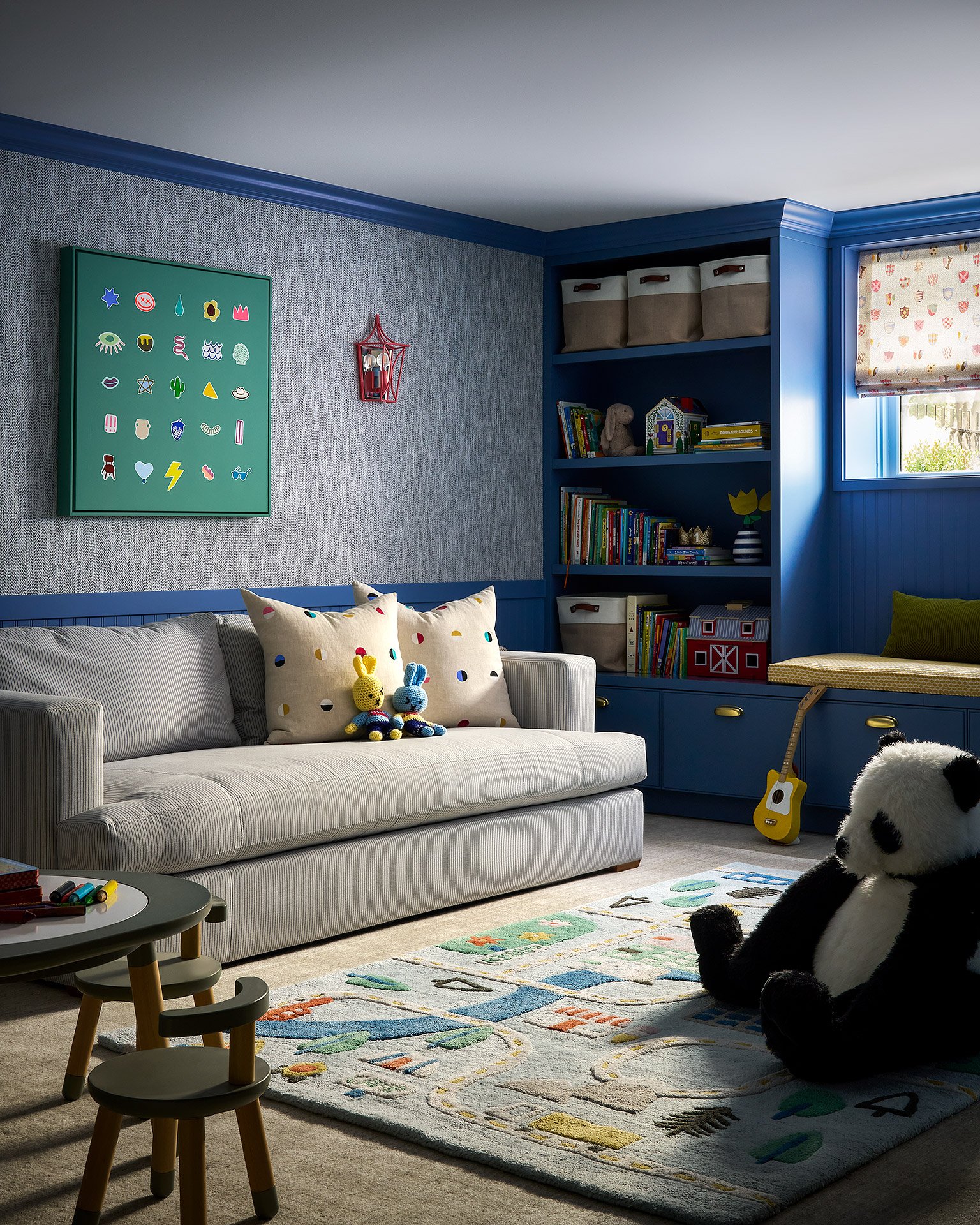 Blue trim and bookcases in a playroom