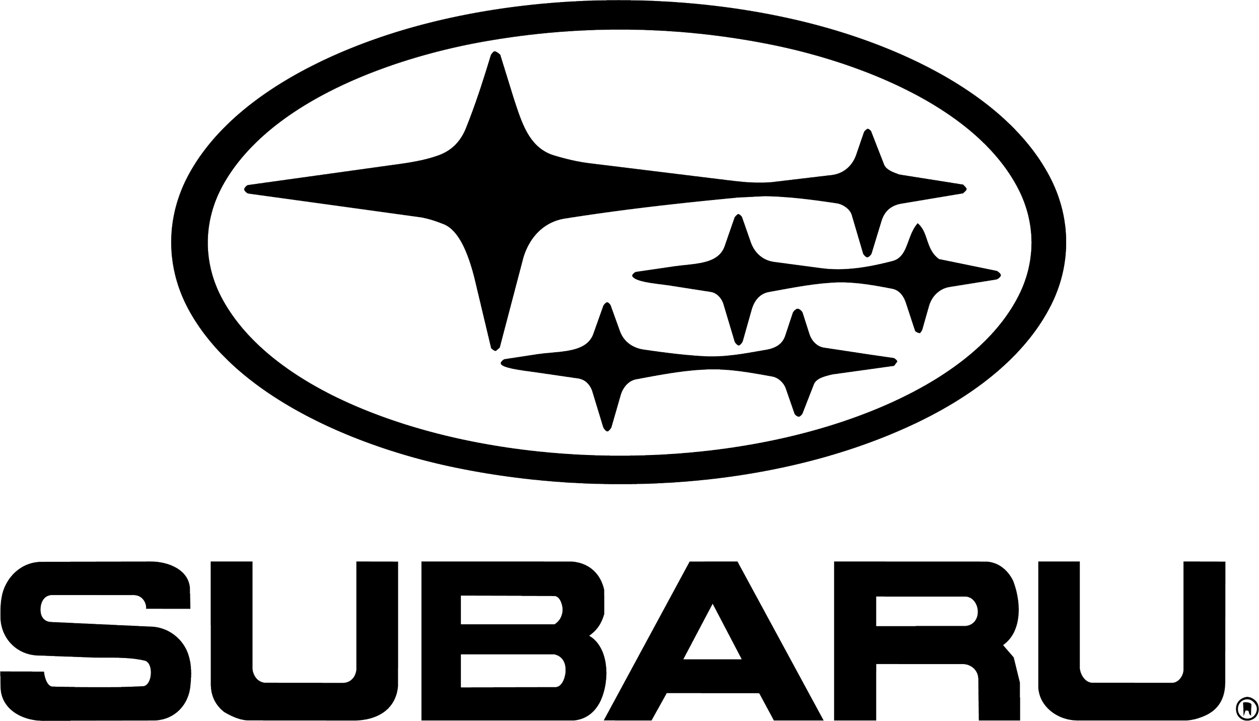 Black and white outline of the Subaru logo, featuring a circle with six stars inside, accompanied by the word "SUBARU" below.