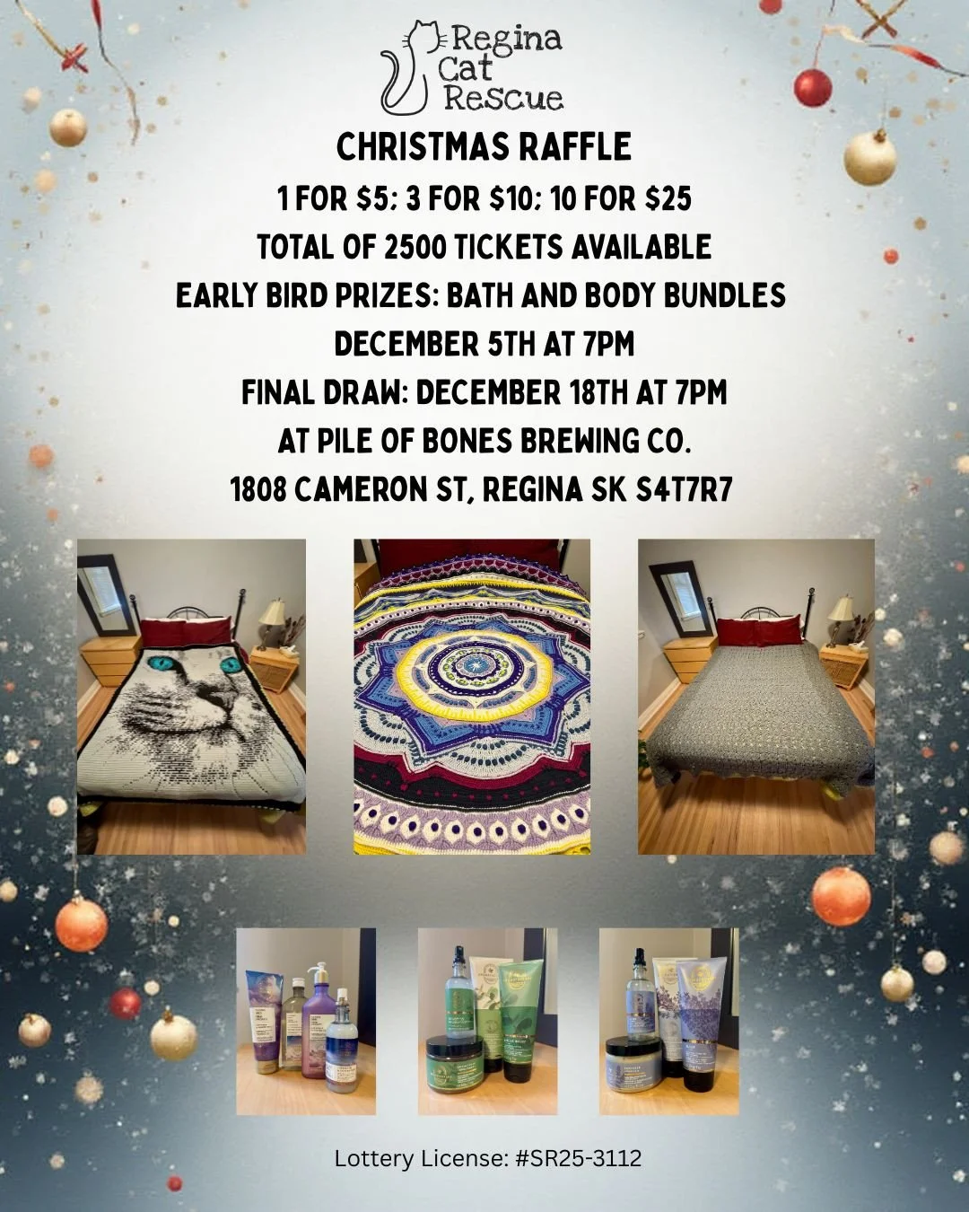 📣 5 DAYS LEFT TO GET YOUR TICKETS! 📣⁠
⁠
🎄Join Regina Cat Rescue&rsquo;s Christmas Blanket Raffle!🎄⁠
⁠
Thanks to our generous supporters, we have three stunning handmade blankets up for grabs&mdash;each one beautifully crafted and completely uniqu