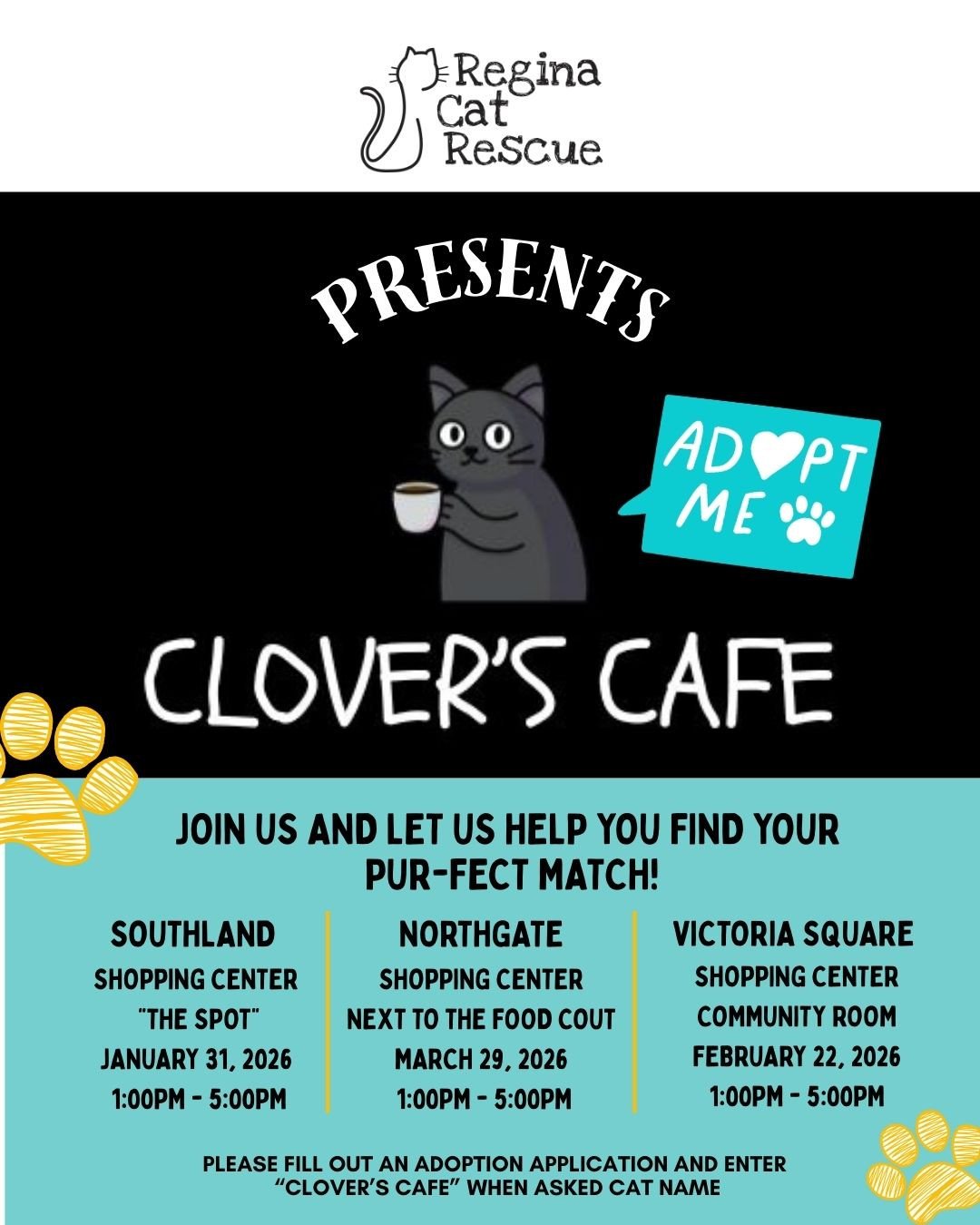 😻Clover's Cafe is back! ☕️⁠
⁠
After successful events in December, we are thrilled to share we are bringing back Clover's Cafe in 2026! Clover's Cafe was started as a way for Regina Cat Rescue to honor our foster cats who lives were short lived and 