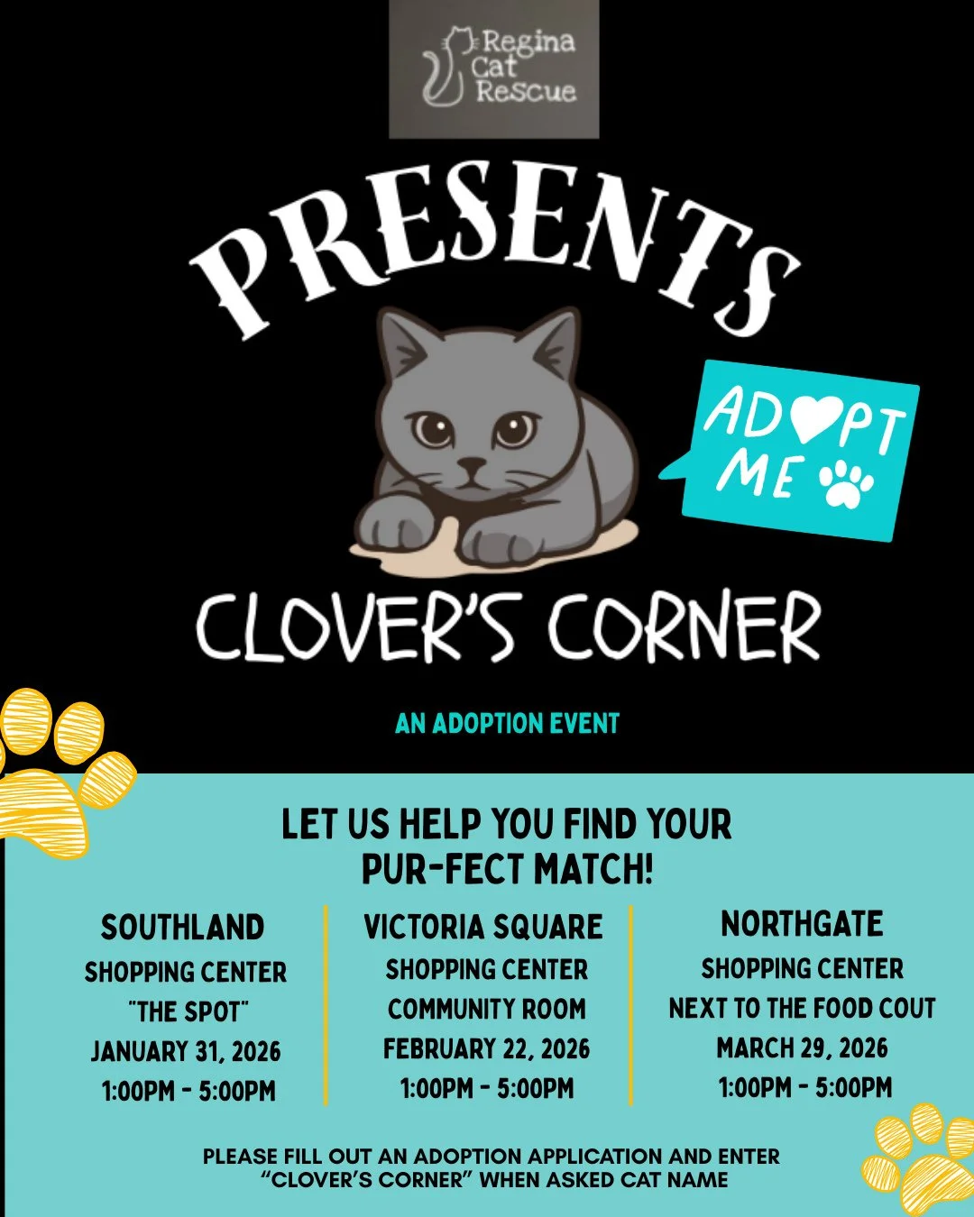 🐾 Clover's Corner, your favorite Regina Cat Rescue adoption event but with a new name, is coming to a mall near you!⁠
⁠
😻 Join us this weekend at the Victoria Square Mall, so we can help YOU find your PUR-FECT match ! 😻⁠
⁠
Clover's Corner was star