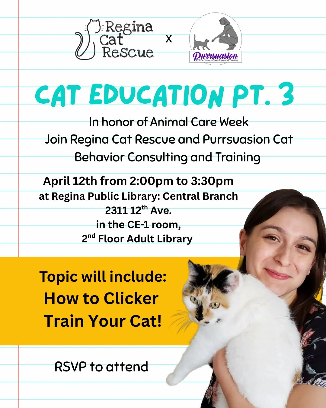 10 days left to register! 📣⁠
⁠
Join Regina Cat Rescue and Purrsuasion Cat Behavior Consulting and Training to learn all about Clicker Training: How to Train your Cat! ⁠
⁠
If interested in attending, please RSVP by filling out the form: https://forms