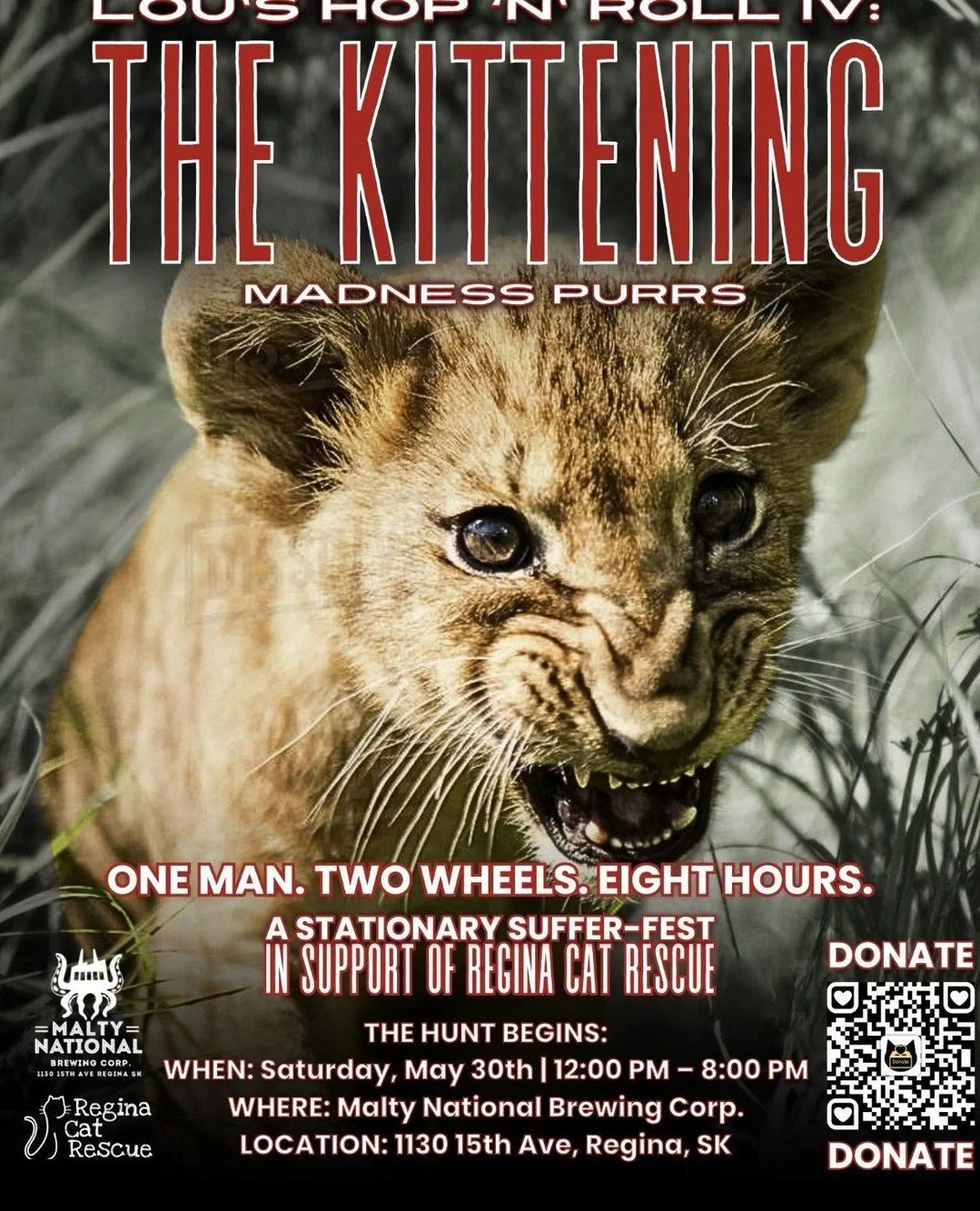 Lou is back again for his annual Hop N Roll; with proceeds going to Regina Cat Rescue! ⁠
⁠
Join Lou and some RCR kittens at Malty National Brewing Corp. on May 30th from 12:00PM to 8:00PM as he pedals for a purr-pose! 🚴&zwj;♀️🐾⁠
⁠
Donate to the cau