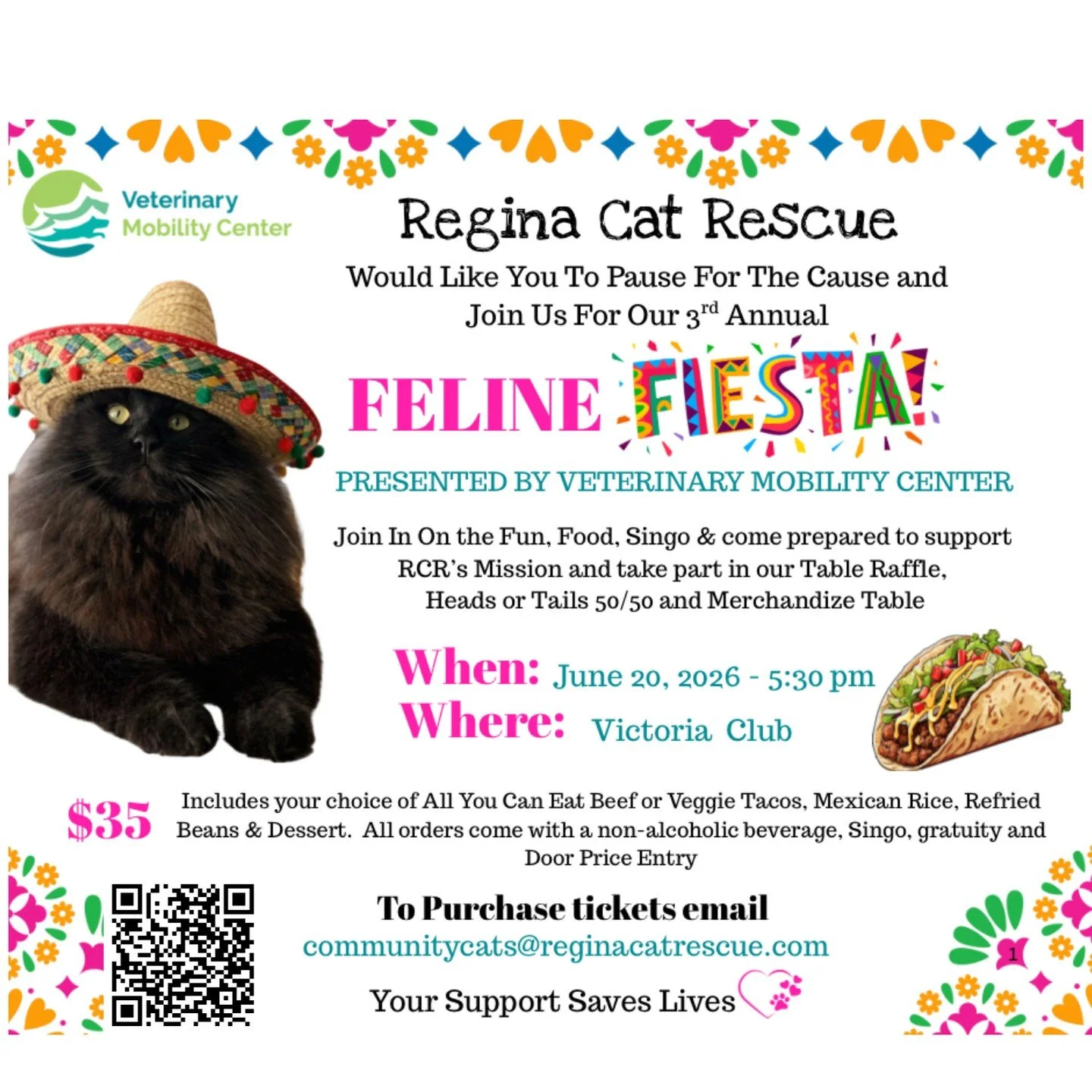 Get ready to paw-ty for a purpose 🐾🎉⁠
⁠
Presented by Veterinary Mobility Center and Regina Cat Rescue, join us for our 3rd Annual Feline Fiesta...⁠
⁠
A night full of fun, community, and all things cats! 🐱⁠
⁠
By grabbing your ticket, you&rsquo;re n