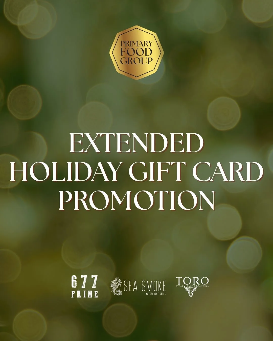Holiday gifting, but make it delicious ✨

Our extended Holiday Gift Card Promotion is officially live across 677 Prime, Toro Cantina, and Sea Smoke Waterfront Grill - and it&rsquo;s the easiest win of the season:

🎁 Buy a $100 gift card in-store, ge